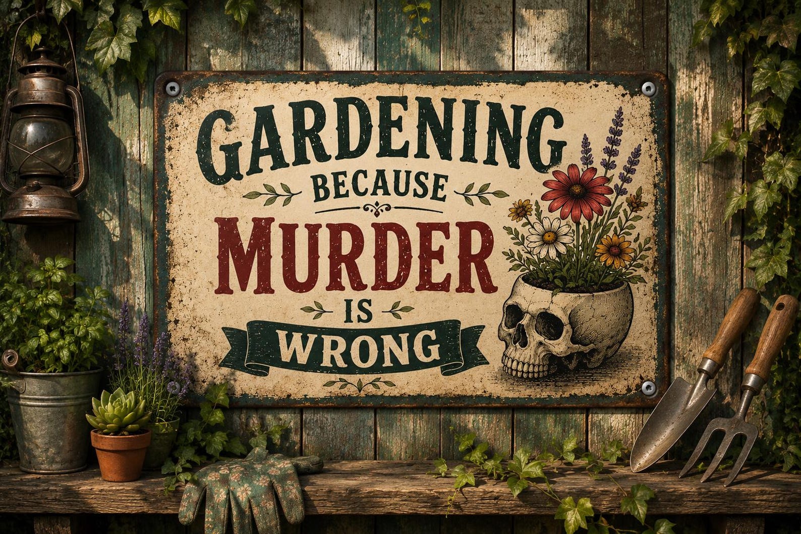 Gardening Skull Metal Sign, Gothic Flower Wall Art, Vintage Garden Decor