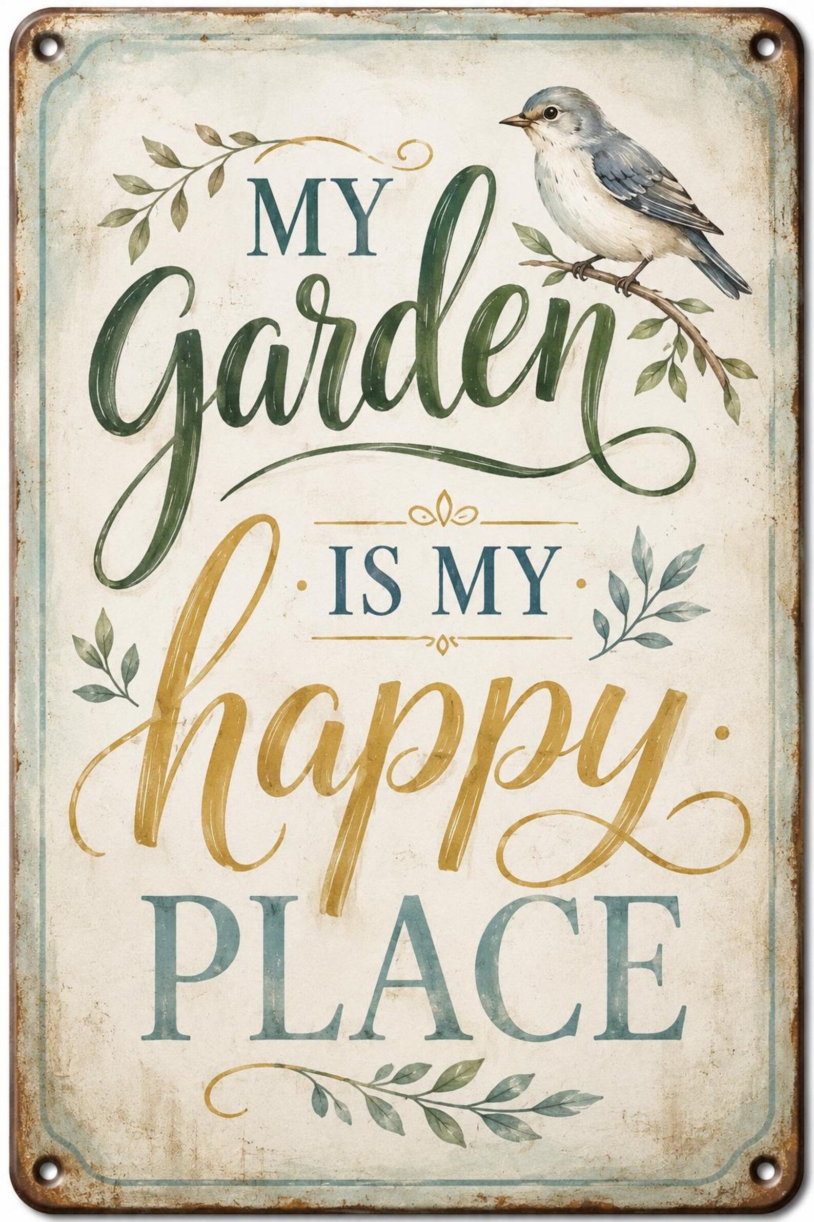 My Garden Happy Place Metal Sign, Vintage Bird Farmhouse Decor