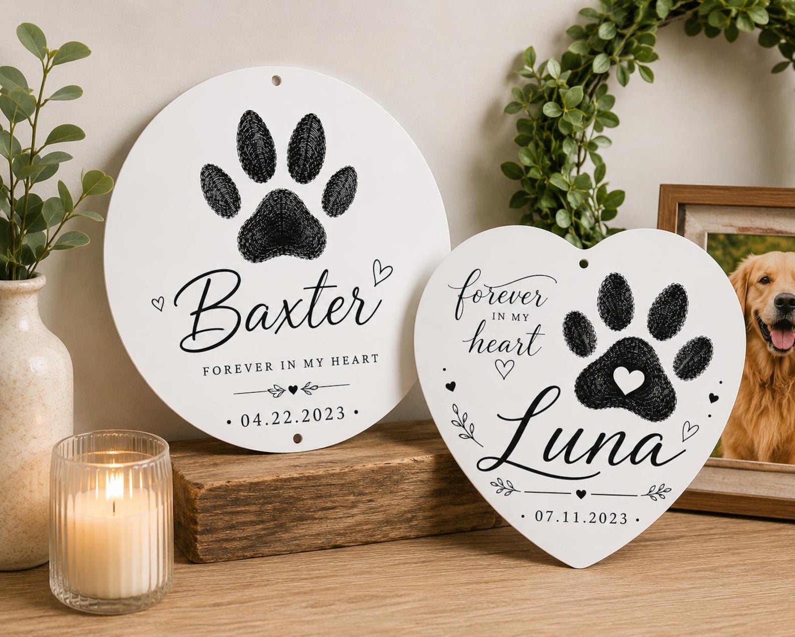 Personalized Pet Memorial Sign, Custom Paw Print Plaque, Heart Round (Aluminum)