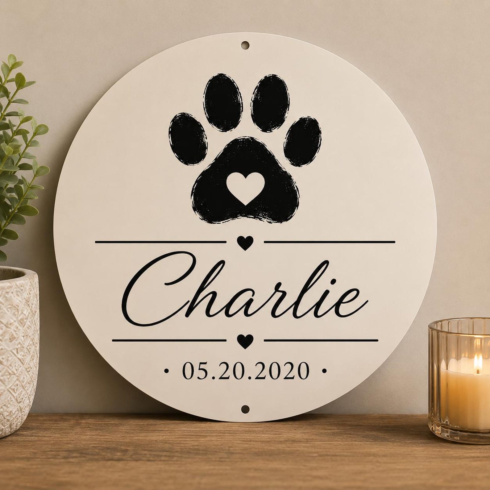 Personalized Pet Memorial Sign, Custom Paw Print Plaque, Heart Round (Aluminum)