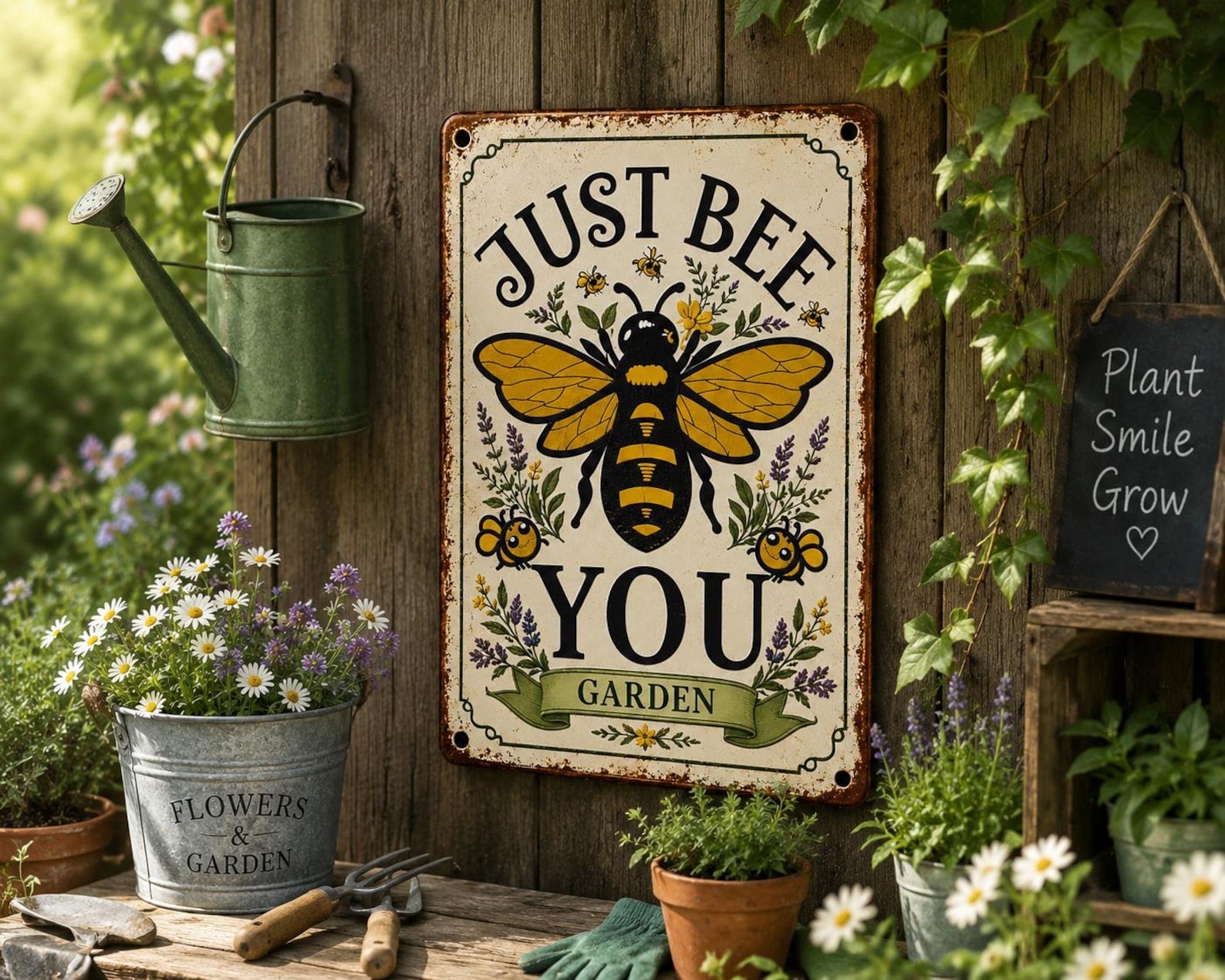 Just Bee You Garden Metal Sign, Vintage Floral Bee Wall Decor