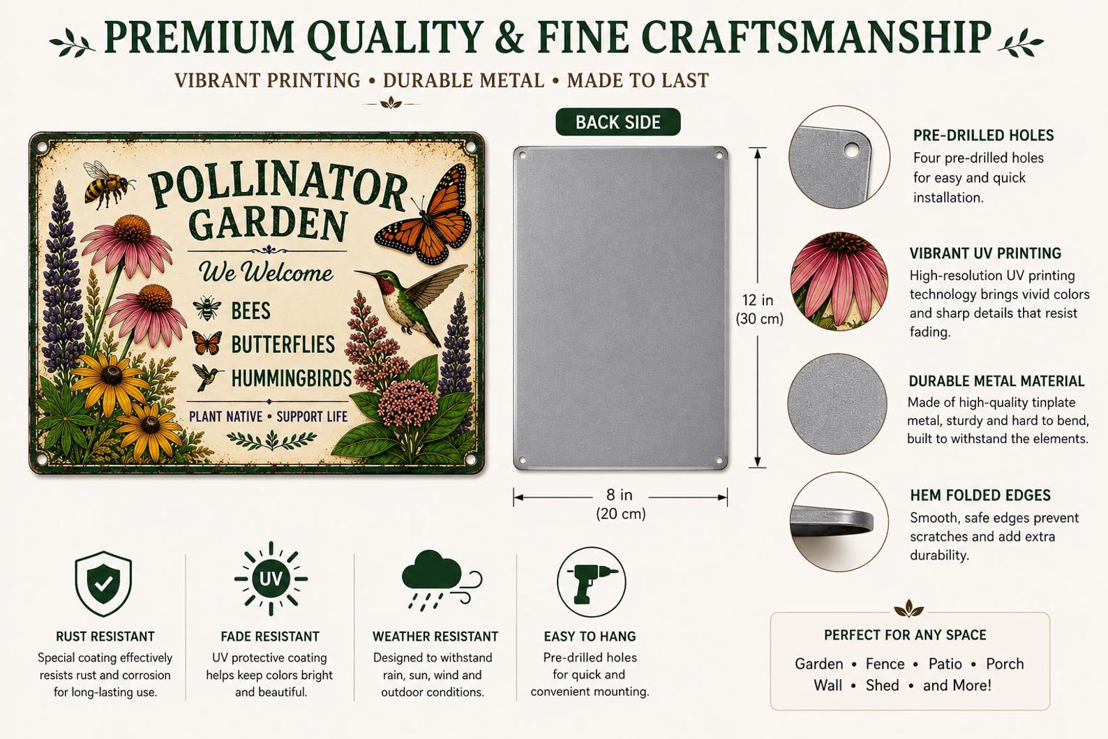 Pollinator Garden Metal Sign, Native Wildflower Decor, Bee Butterfly Hummingbird Plaque