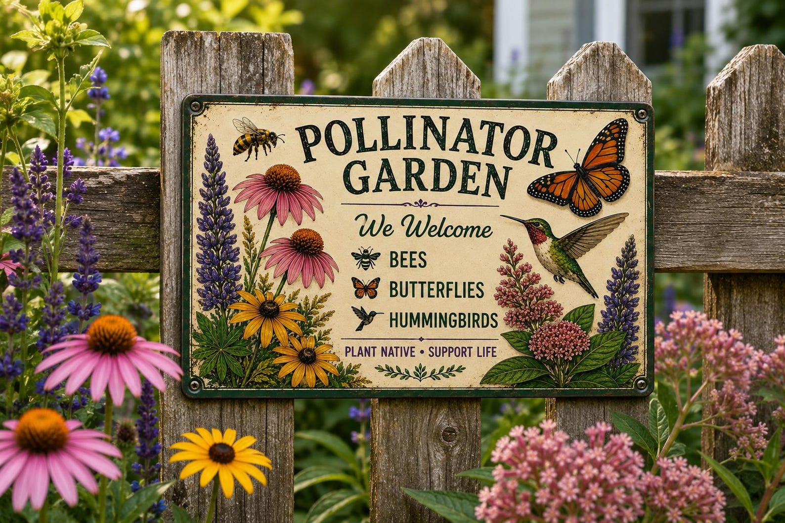 Pollinator Garden Metal Sign, Native Wildflower Decor, Bee Butterfly Hummingbird Plaque