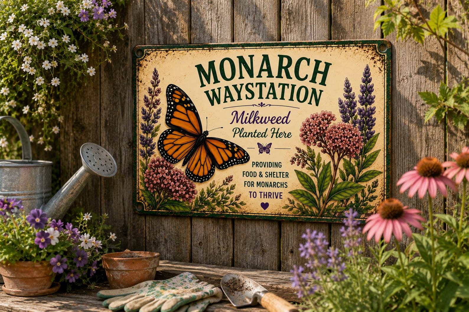 Monarch Waystation Metal Sign, Butterfly Garden Decor, Milkweed Plaque, Pollinator Habitat Art