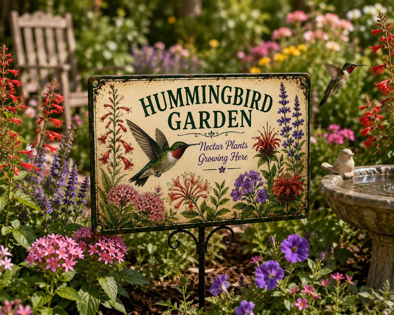 Hummingbird Garden Metal Sign, Vintage Nectar Plant Yard Art, Pollinator Flower Plaque