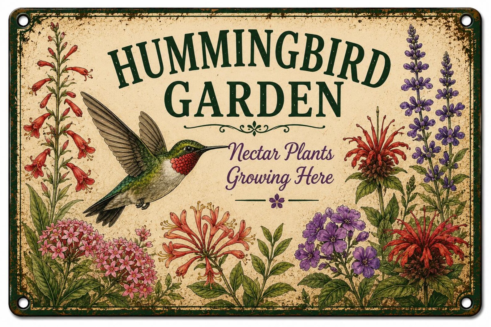 Hummingbird Garden Metal Sign, Vintage Nectar Plant Yard Art, Pollinator Flower Plaque