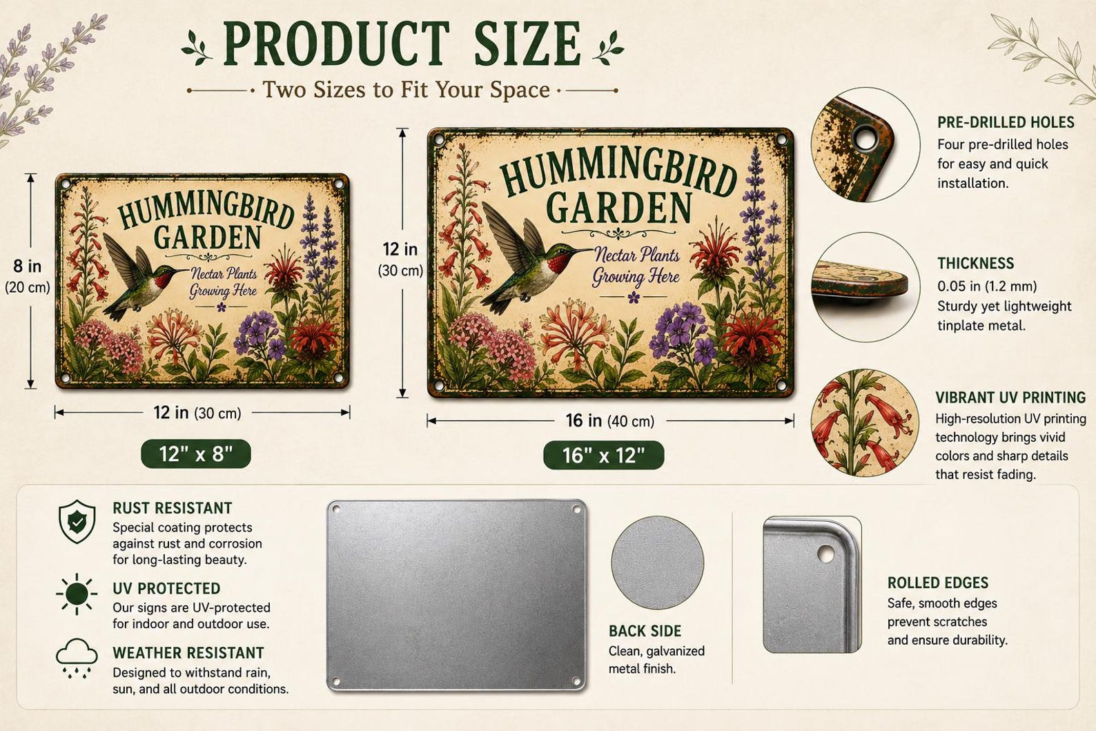 Hummingbird Garden Metal Sign, Vintage Nectar Plant Yard Art, Pollinator Flower Plaque