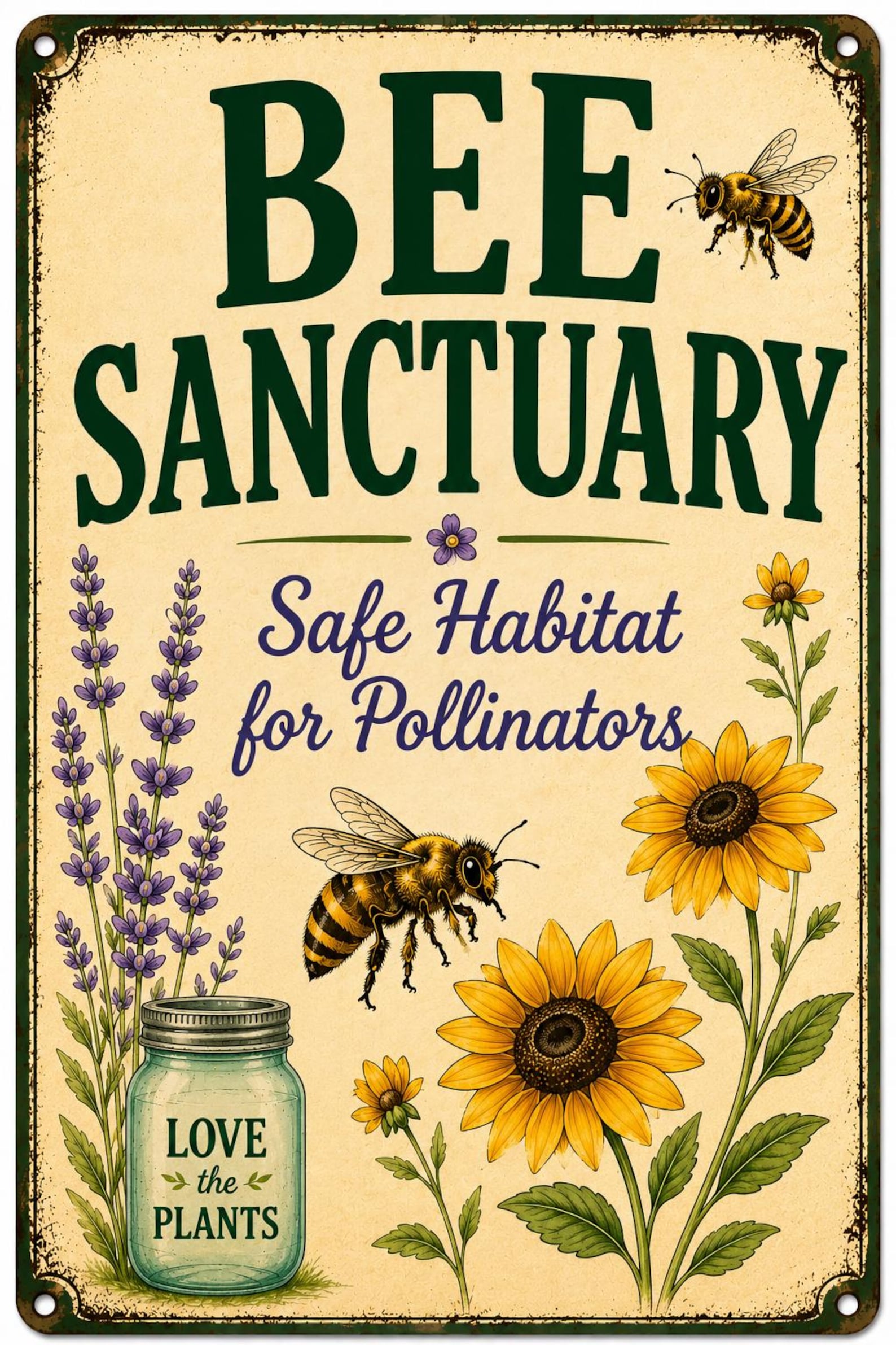 Bee Sanctuary Metal Sign, Pollinator Garden Decor, Wildflower Habitat Plaque