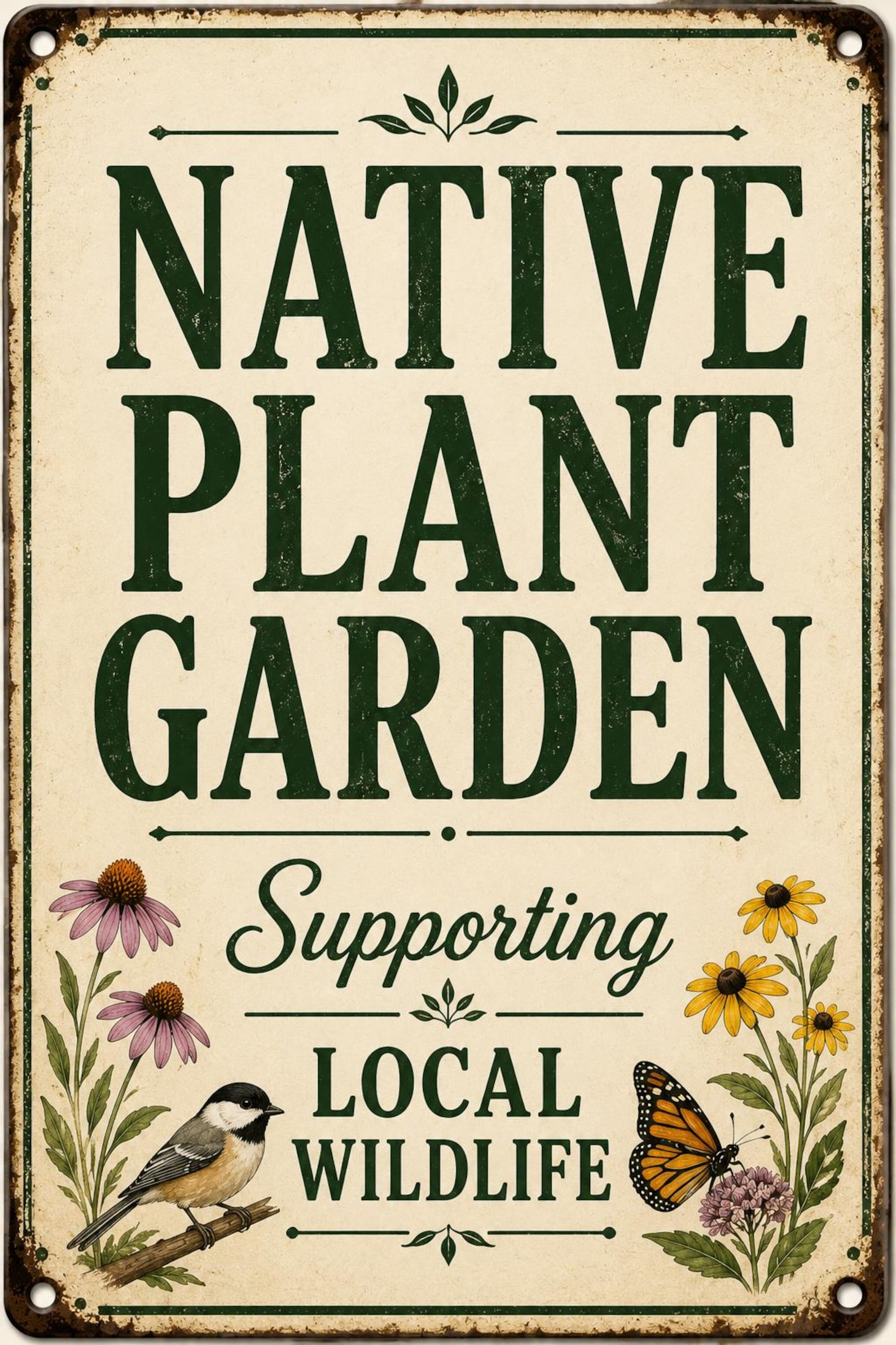 Native Plant Garden Sign, Wildlife Friendly Decor, Pollinator Habitat Plaque, Botanical Art