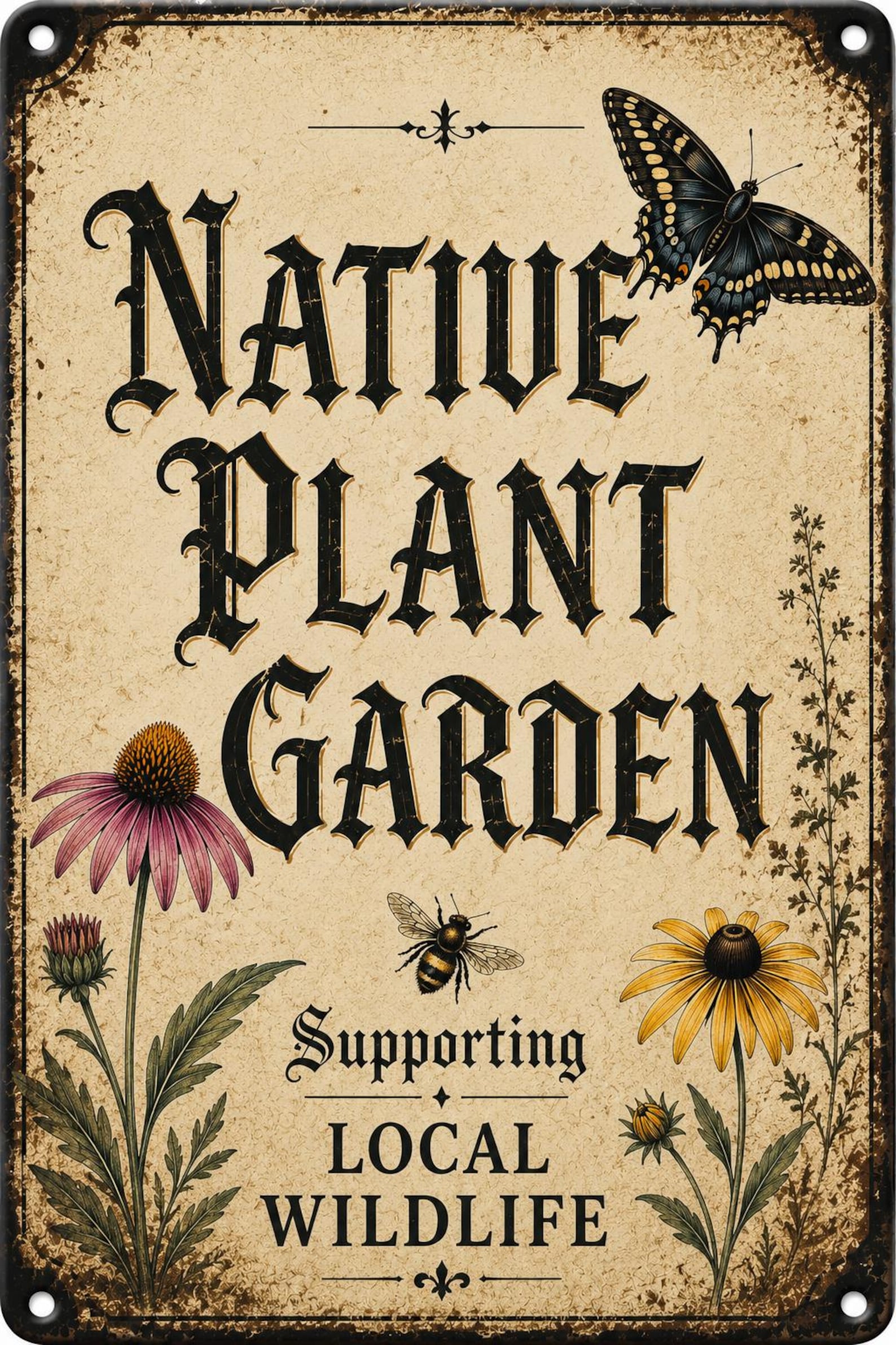 Native Plant Garden Sign, Wildlife Friendly Decor, Pollinator Habitat Plaque, Botanical Art