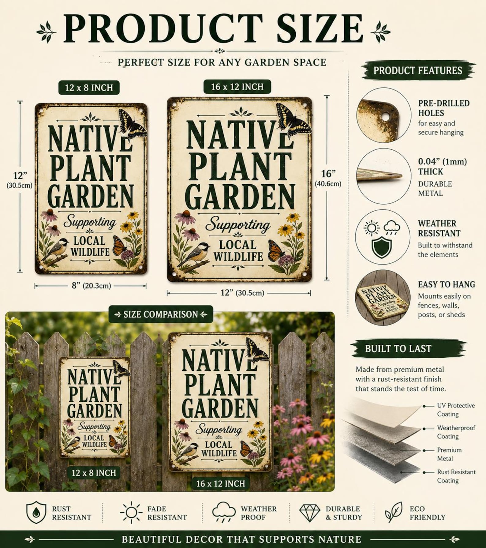 Native Plant Garden Sign, Wildlife Friendly Decor, Pollinator Habitat Plaque, Botanical Art