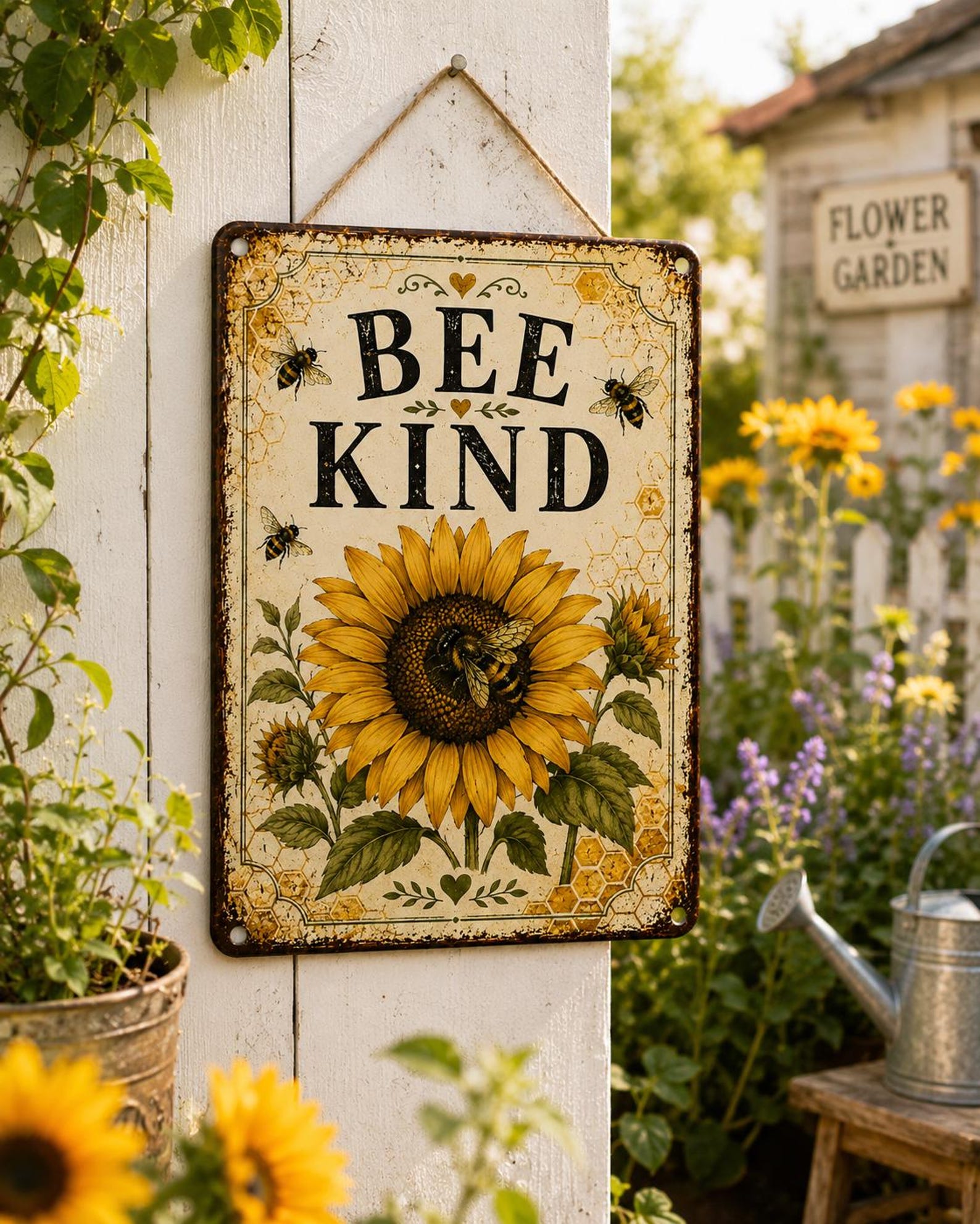 Bee Kind Sunflower Metal Sign, Rustic Farmhouse Garden Decor, Vintage Pollinator Art