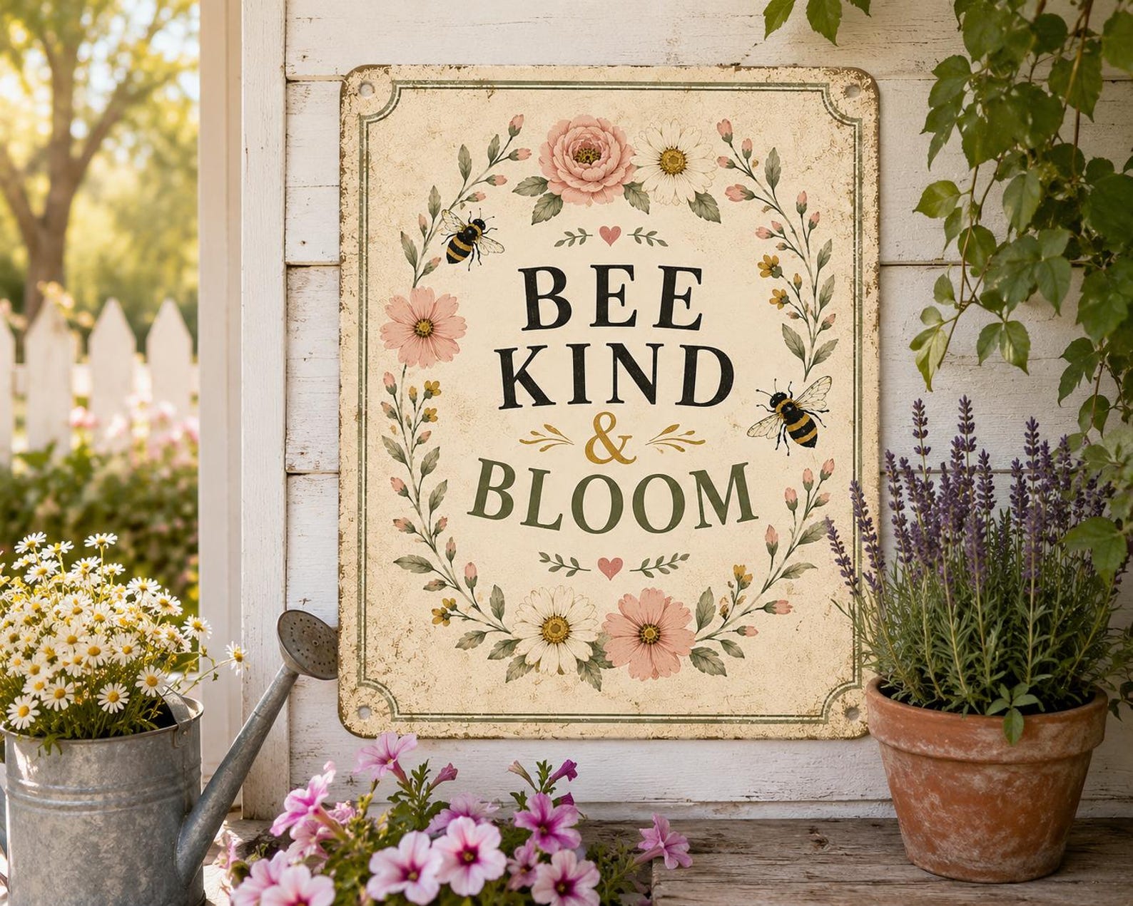 Bee Kind Bloom Metal Sign, Floral Garden Wall Art, Cottagecore Farmhouse Decor