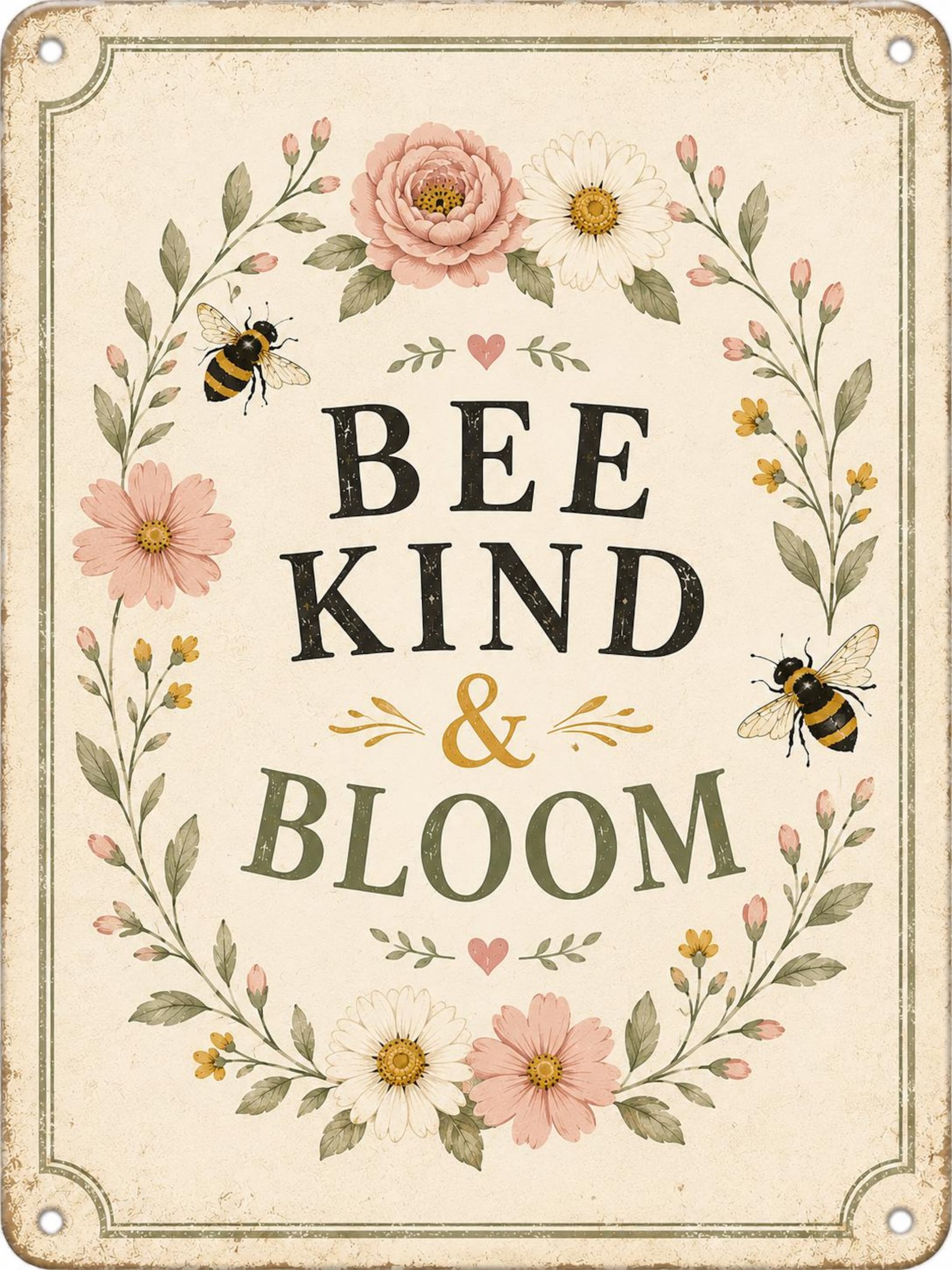 Bee Kind Bloom Metal Sign, Floral Garden Wall Art, Cottagecore Farmhouse Decor