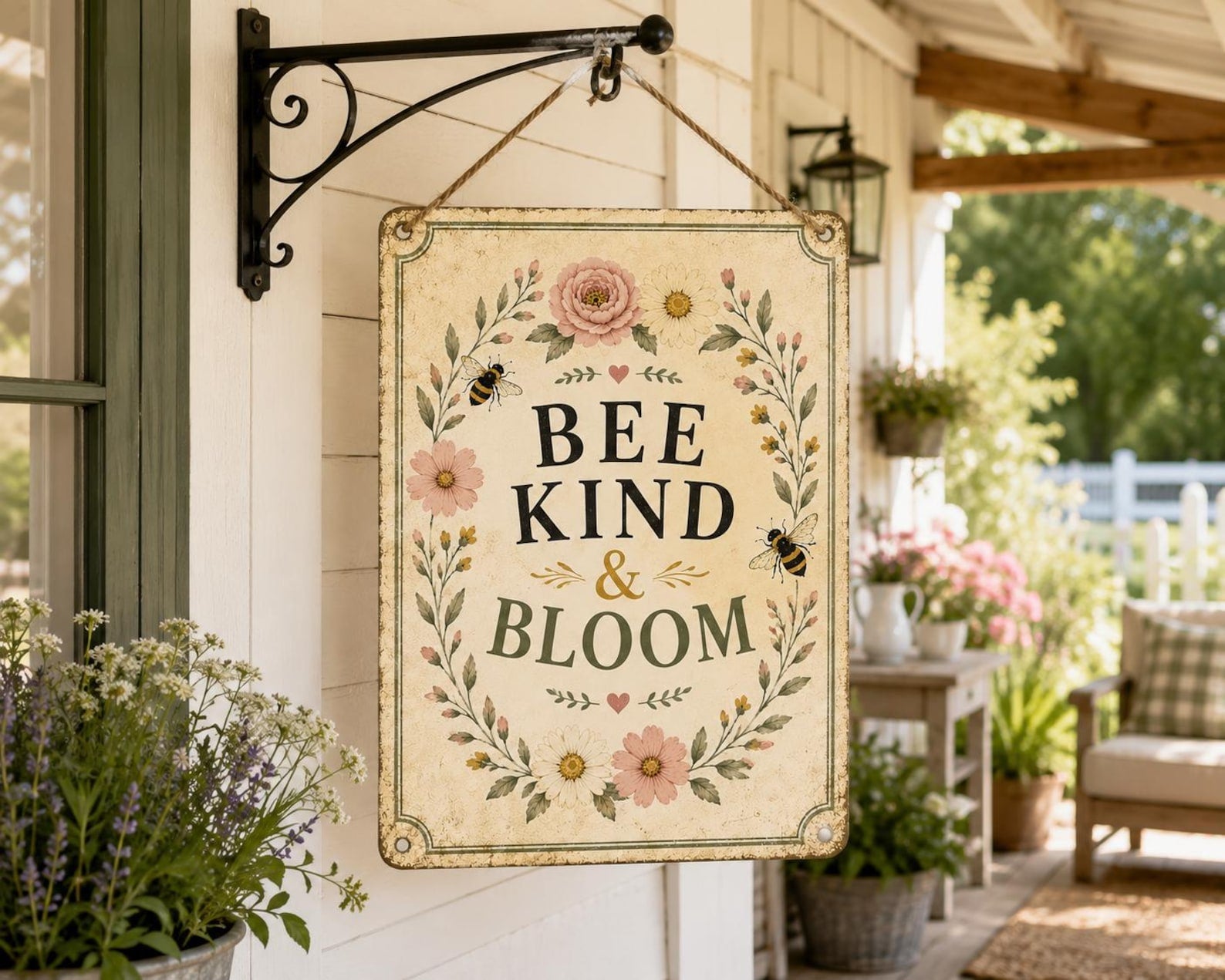 Bee Kind Bloom Metal Sign, Floral Garden Wall Art, Cottagecore Farmhouse Decor
