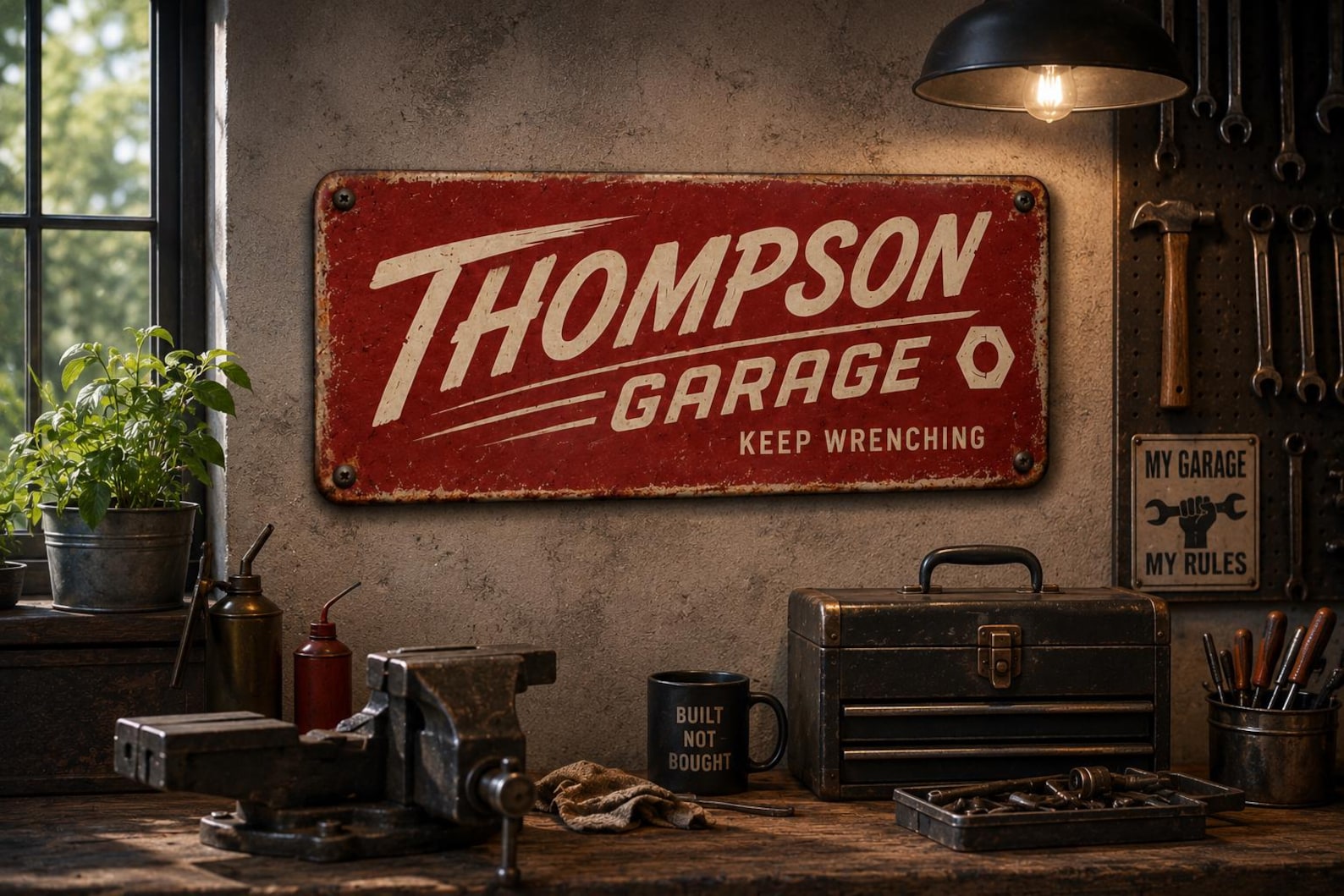Personalized Vintage Garage Metal Sign – Custom Name Workshop Decor