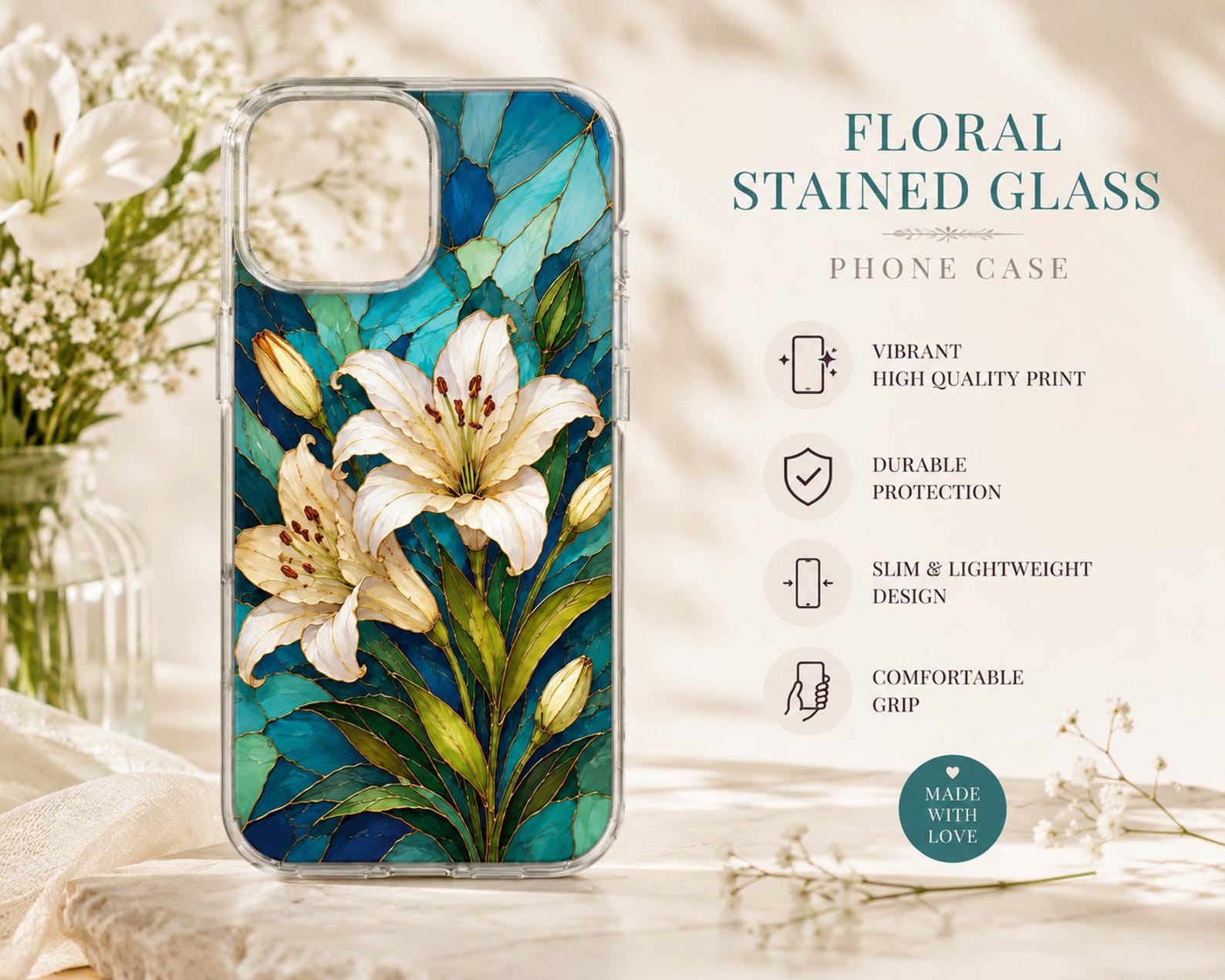 Floral Stained Glass iPhone Case, Botanical Lily Peony Art Cover