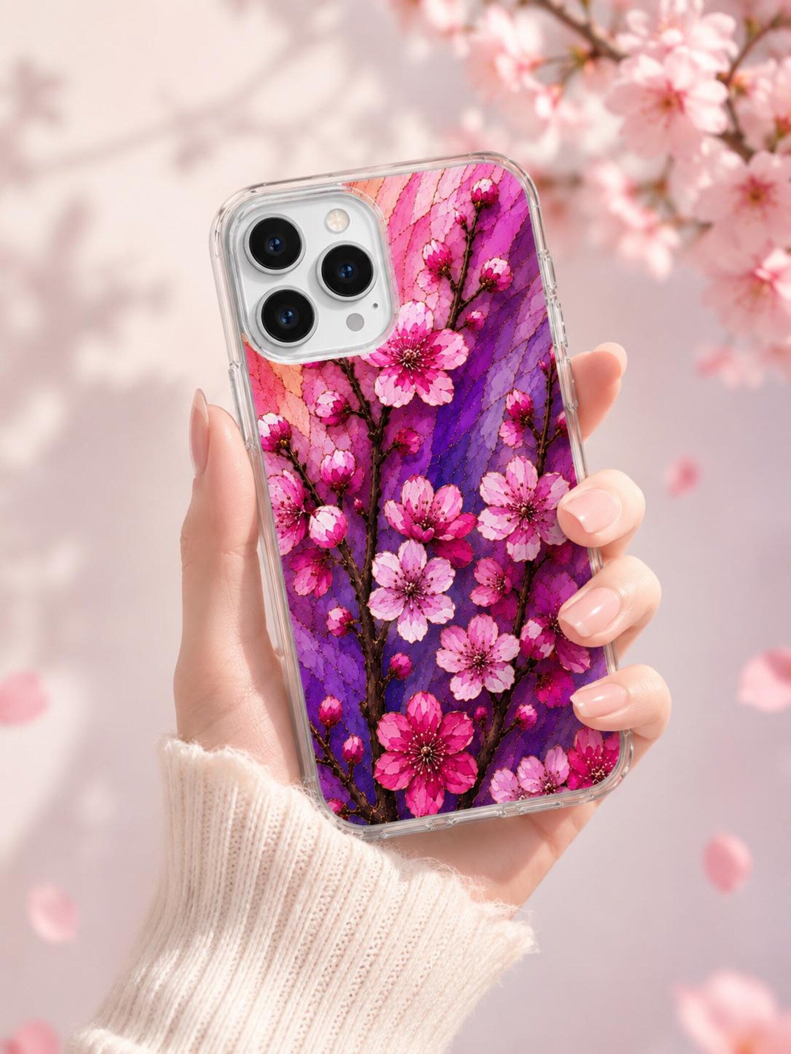 Spring Floral iPhone Case, Cherry Blossom Lavender Rose Botanical Design