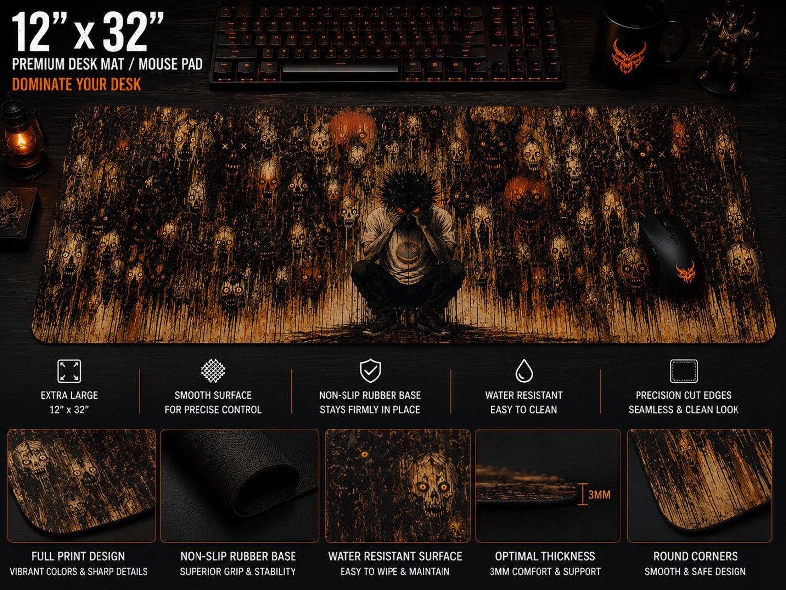 Nightmare Realm Gaming Mouse Pad - Dark Horror Gothic Desk Mat with Creepy Monsters, Full Print Extended Mouse Pad, Non-Slip Rubber Base