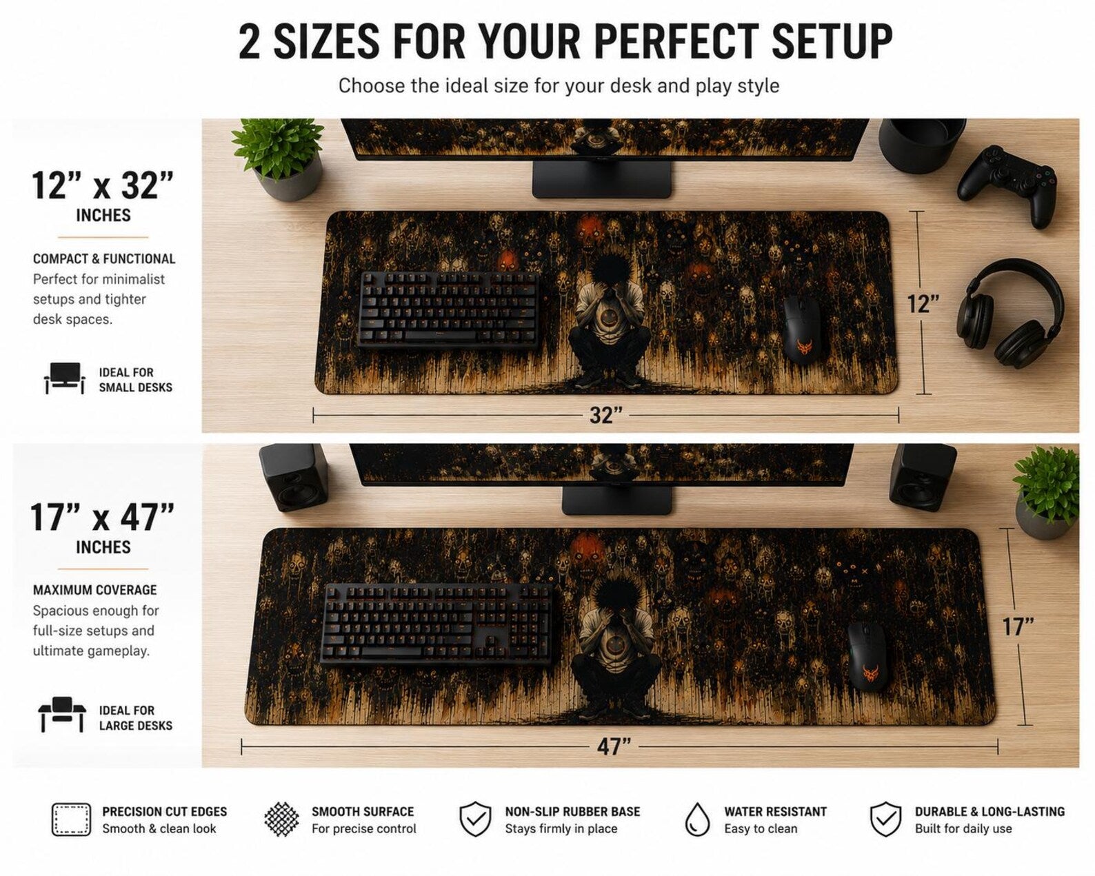 Nightmare Realm Gaming Mouse Pad - Dark Horror Gothic Desk Mat with Creepy Monsters, Full Print Extended Mouse Pad, Non-Slip Rubber Base