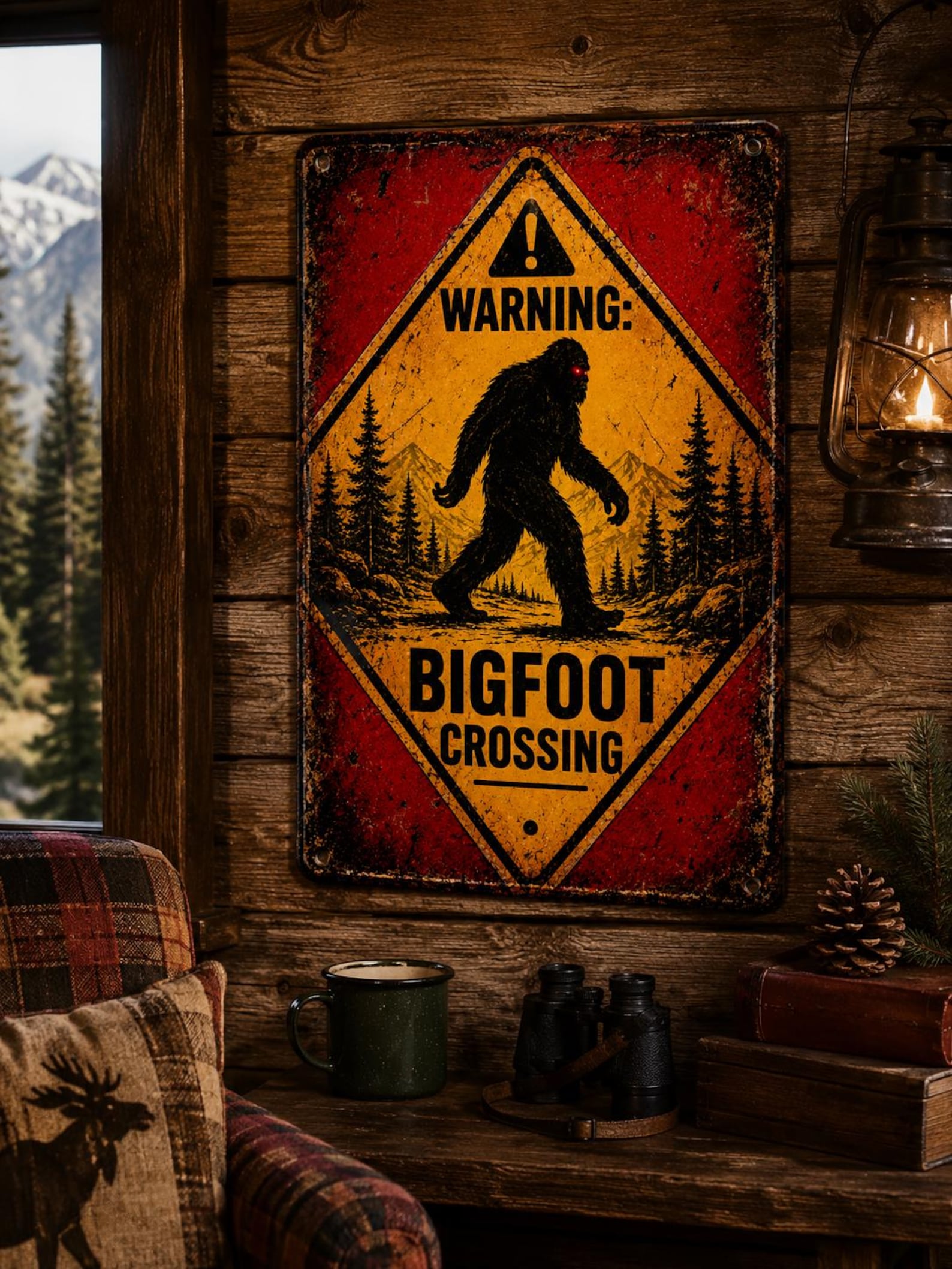 Bigfoot Crossing Metal Sign, Vintage Sasquatch Warning Sign, Rustic Cabin Wall Decor, Funny Outdoor Tin Sign, Man Cave Hunting Lodge Decor