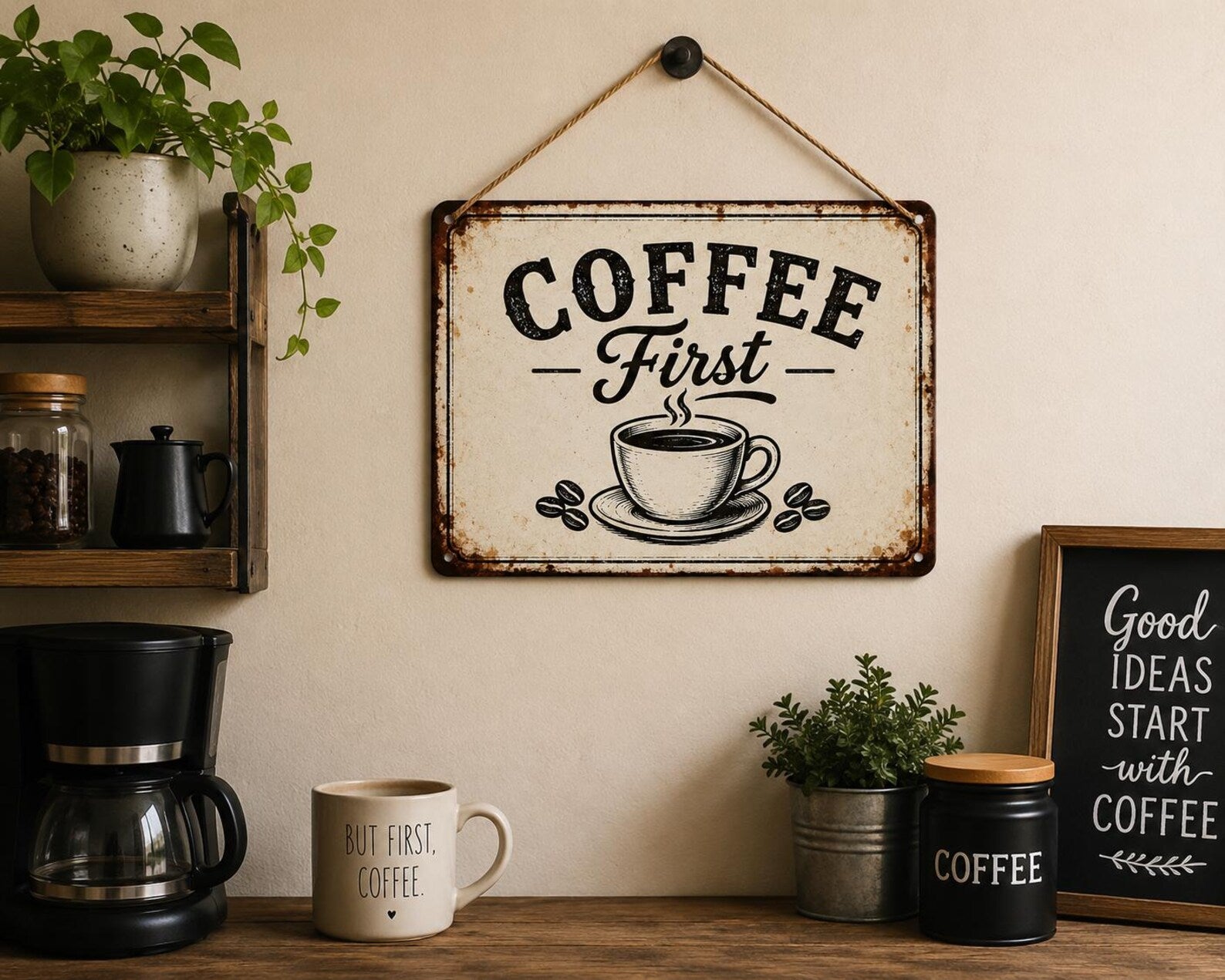 Coffee First – Vintage Metal Sign: Retro Coffee Bar Wall Decor, Rustic Cafe Kitchen Art