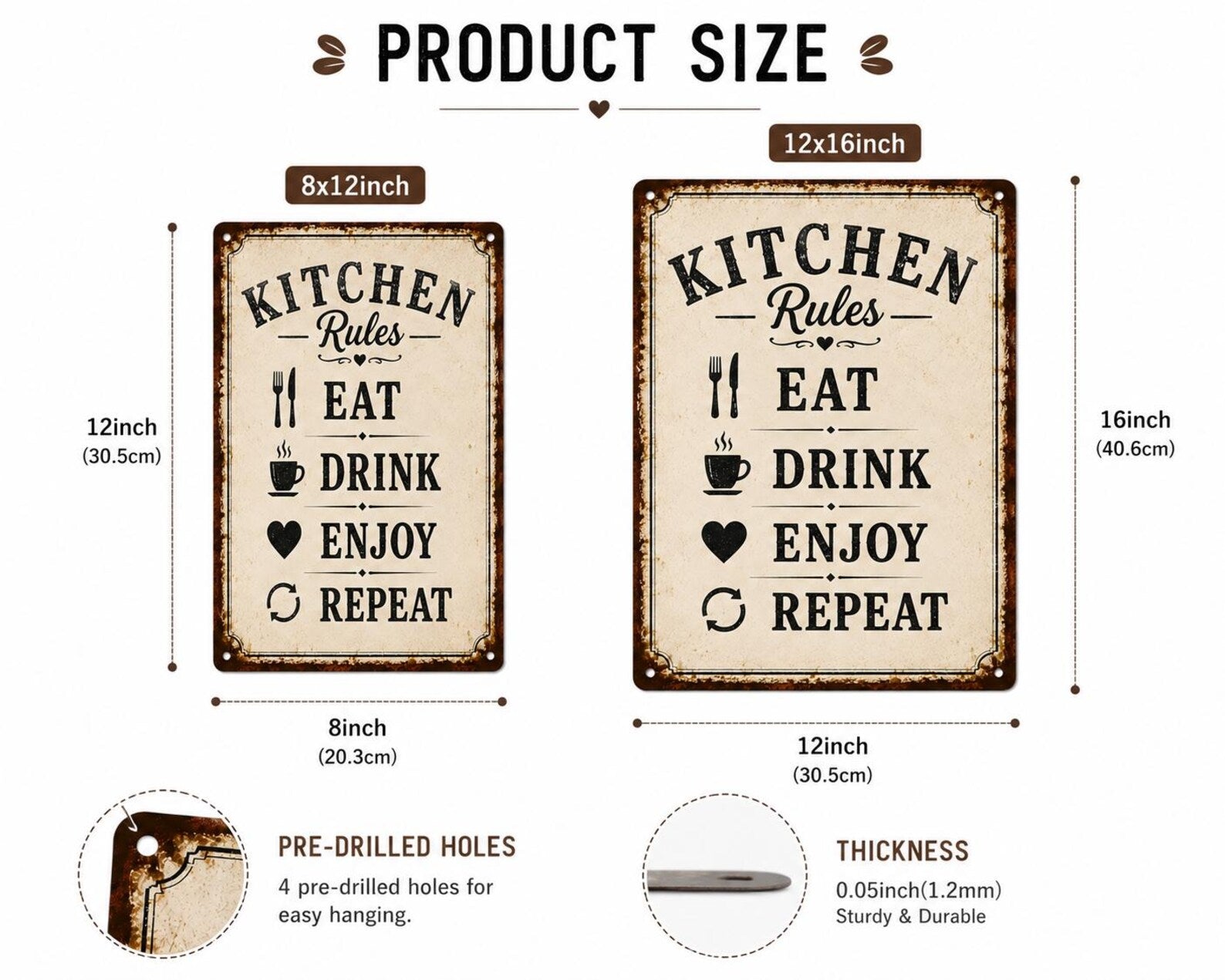 Kitchen Rules Metal Sign: Eat Drink Enjoy Repeat Farmhouse Wall Decor