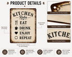 Kitchen Rules Metal Sign: Eat Drink Enjoy Repeat Farmhouse Wall Decor
