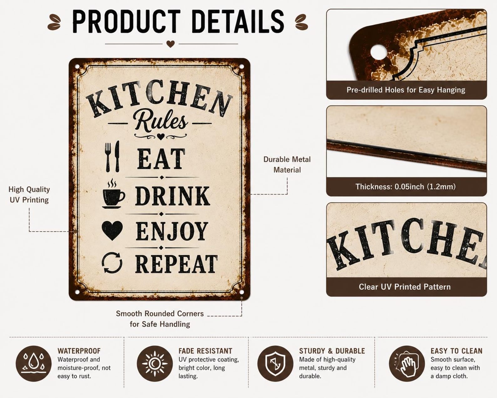 Kitchen Rules Metal Sign: Eat Drink Enjoy Repeat Farmhouse Wall Decor