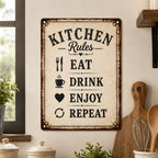 Kitchen Rules Metal Sign: Eat Drink Enjoy Repeat Farmhouse Wall Decor