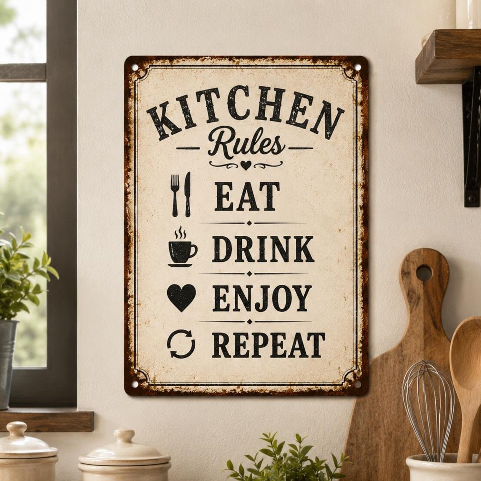 Kitchen Rules Metal Sign: Eat Drink Enjoy Repeat Farmhouse Wall Decor