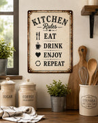 Kitchen Rules Metal Sign: Eat Drink Enjoy Repeat Farmhouse Wall Decor