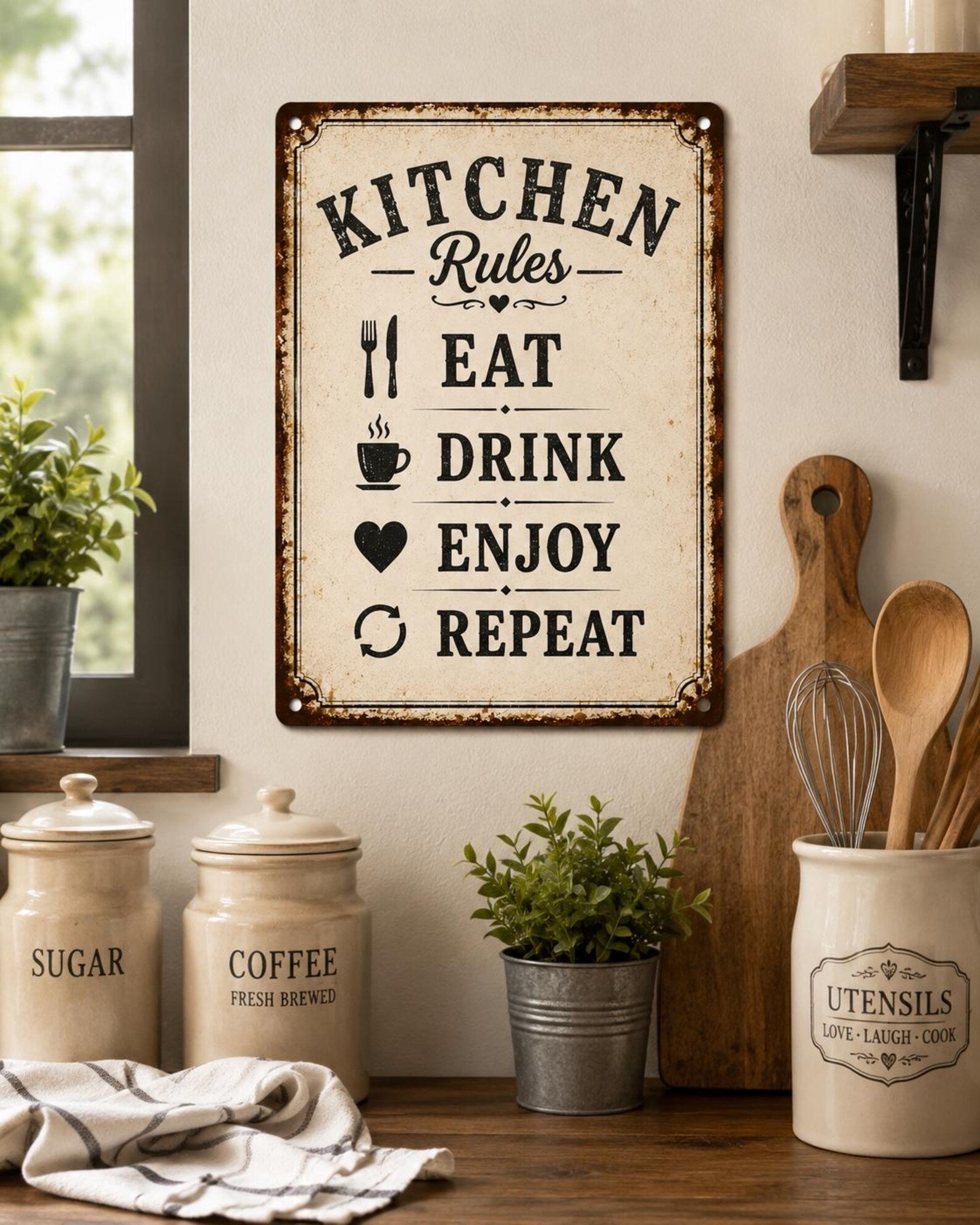 Kitchen Rules Metal Sign: Eat Drink Enjoy Repeat Farmhouse Wall Decor