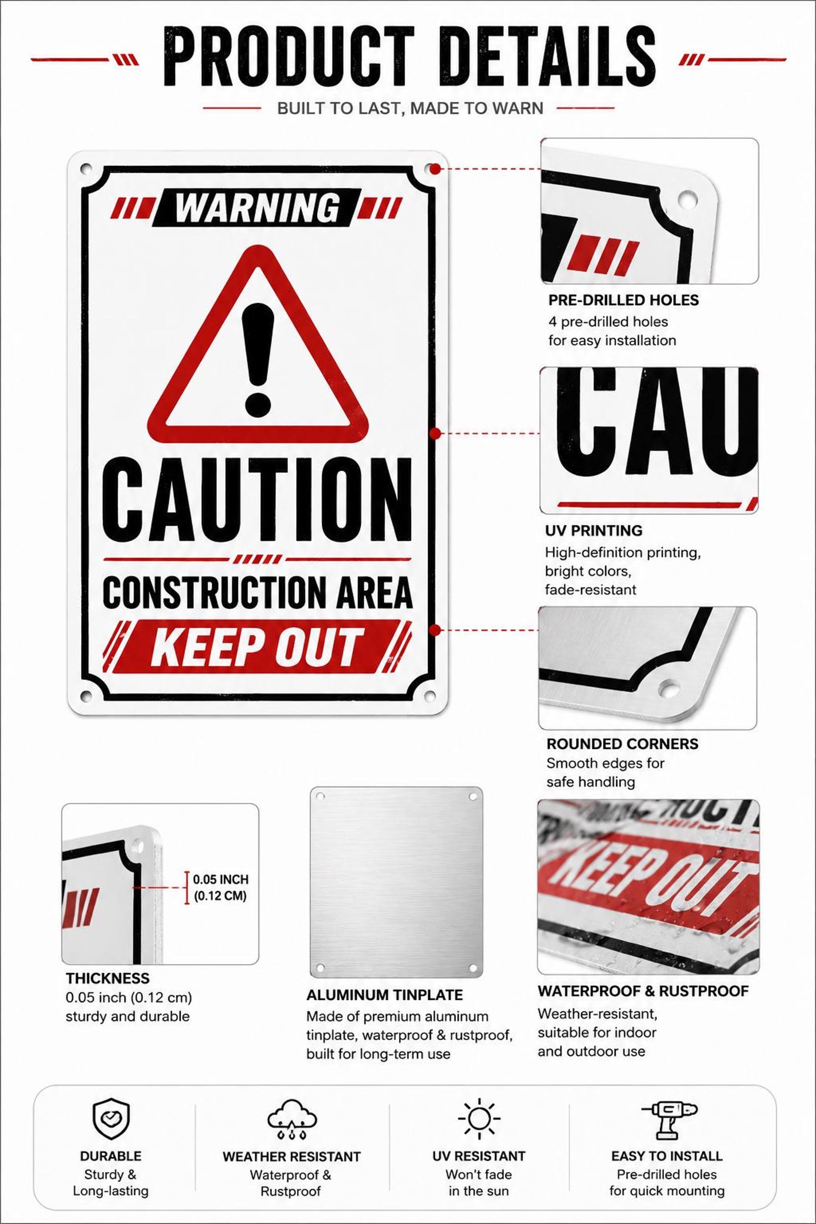 Caution Construction Area Keep Out Metal Sign – Industrial Warning Workplace Safety Plaque