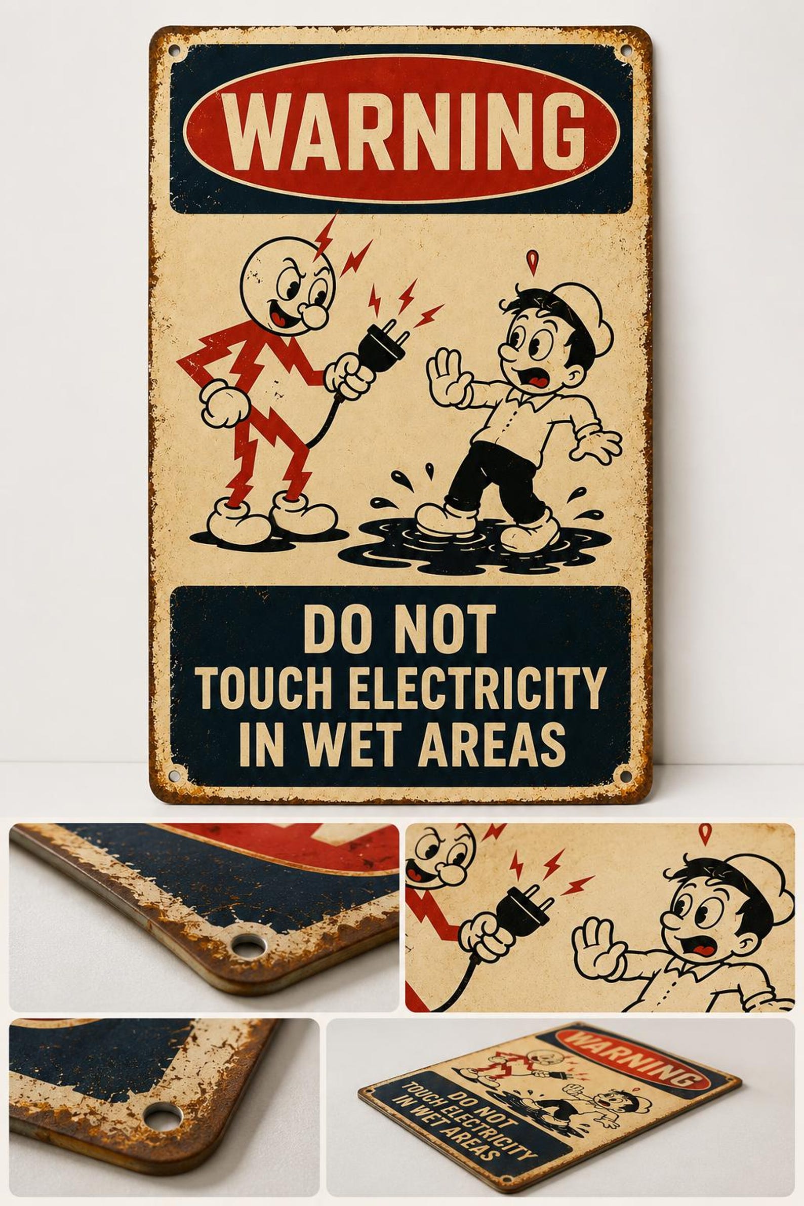 Warning Sign: Do Not Touch Electricity In Wet Areas, Vintage Electrical Safety Metal Decor