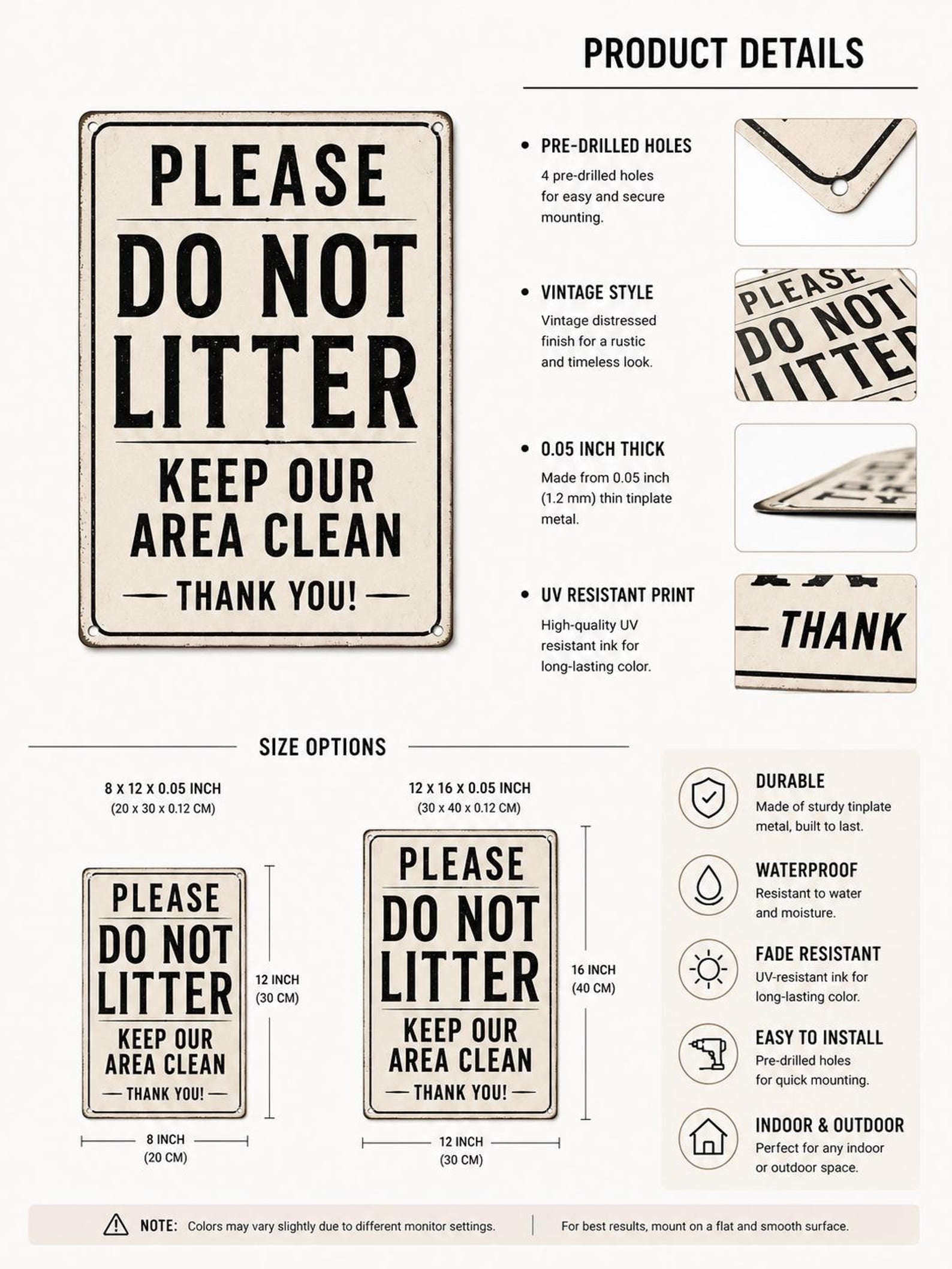 Please Do Not Litter Metal Sign: Vintage Keep Area Clean Wall Decor
