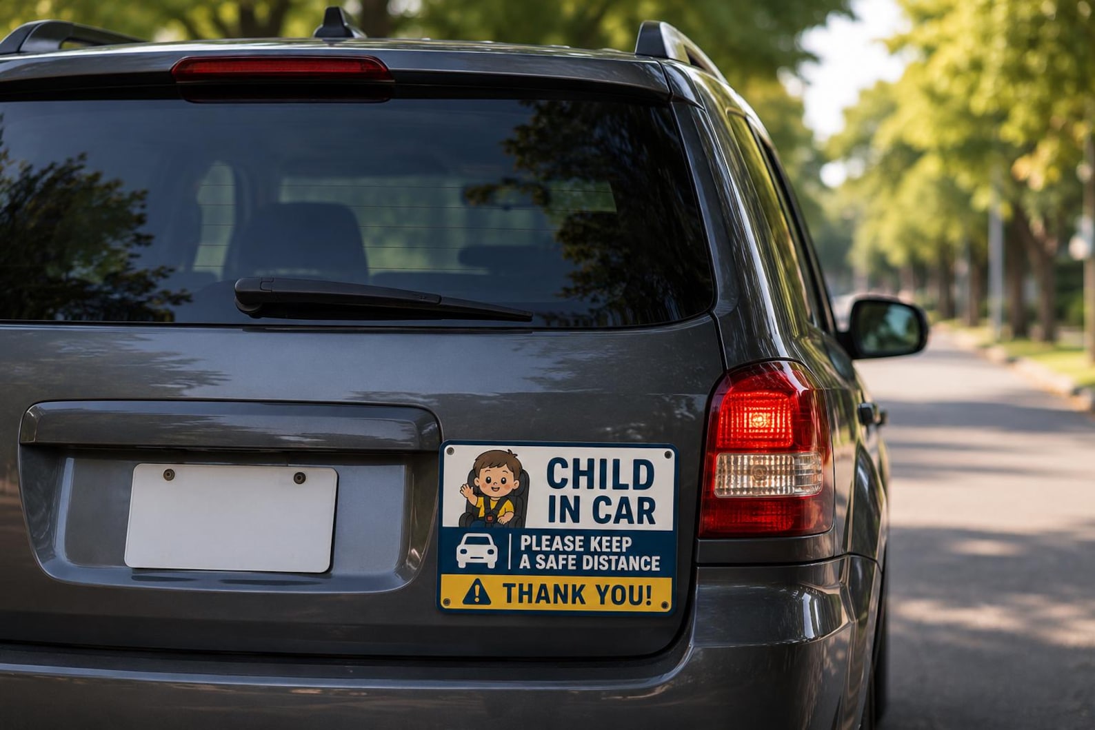 Child In Car Metal Sign: Please Keep Safe Distance, Road Safety Warning Decor
