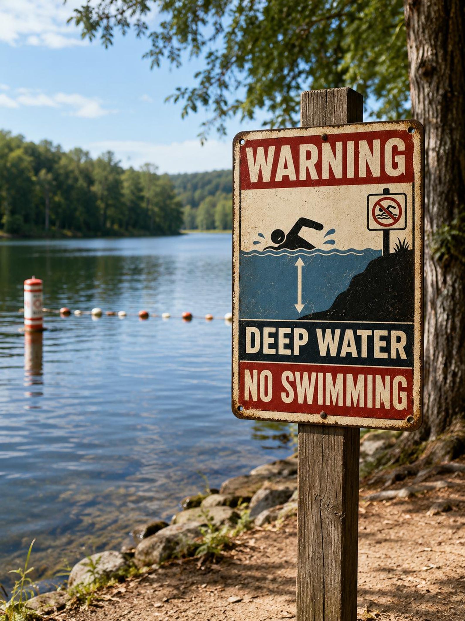 Deep Water No Swimming Metal Sign, Vintage Warning Decor