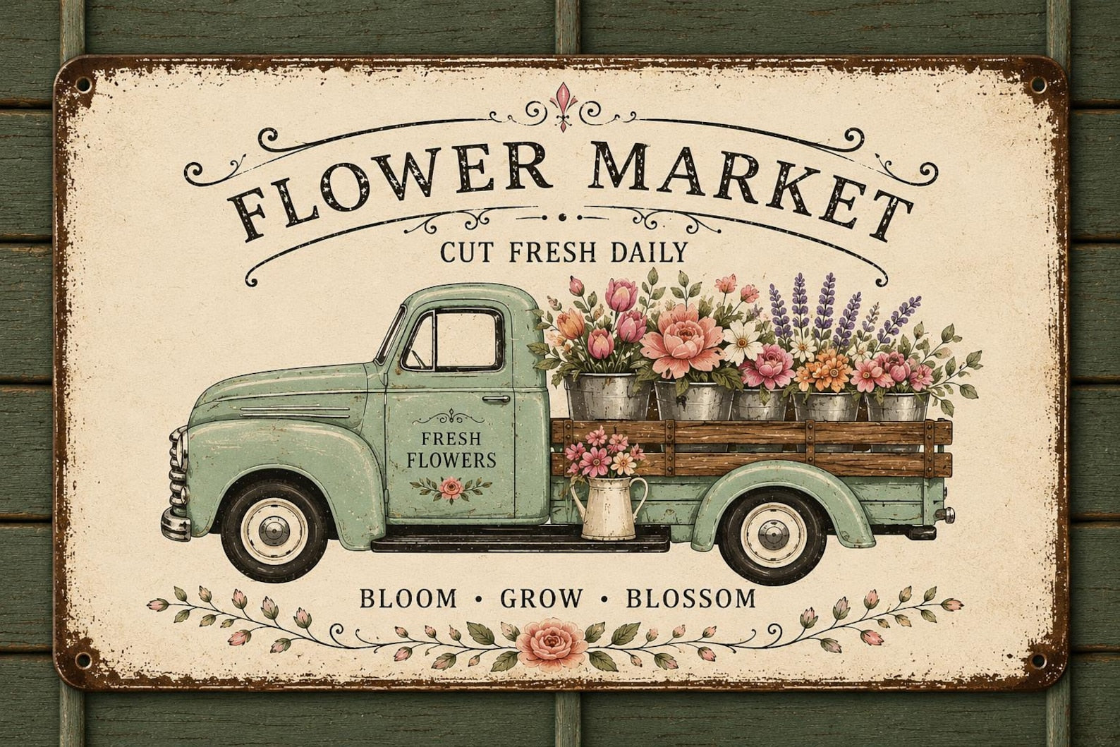 Vintage Flower Market Truck Metal Sign, Floral Farmhouse Wall Decor