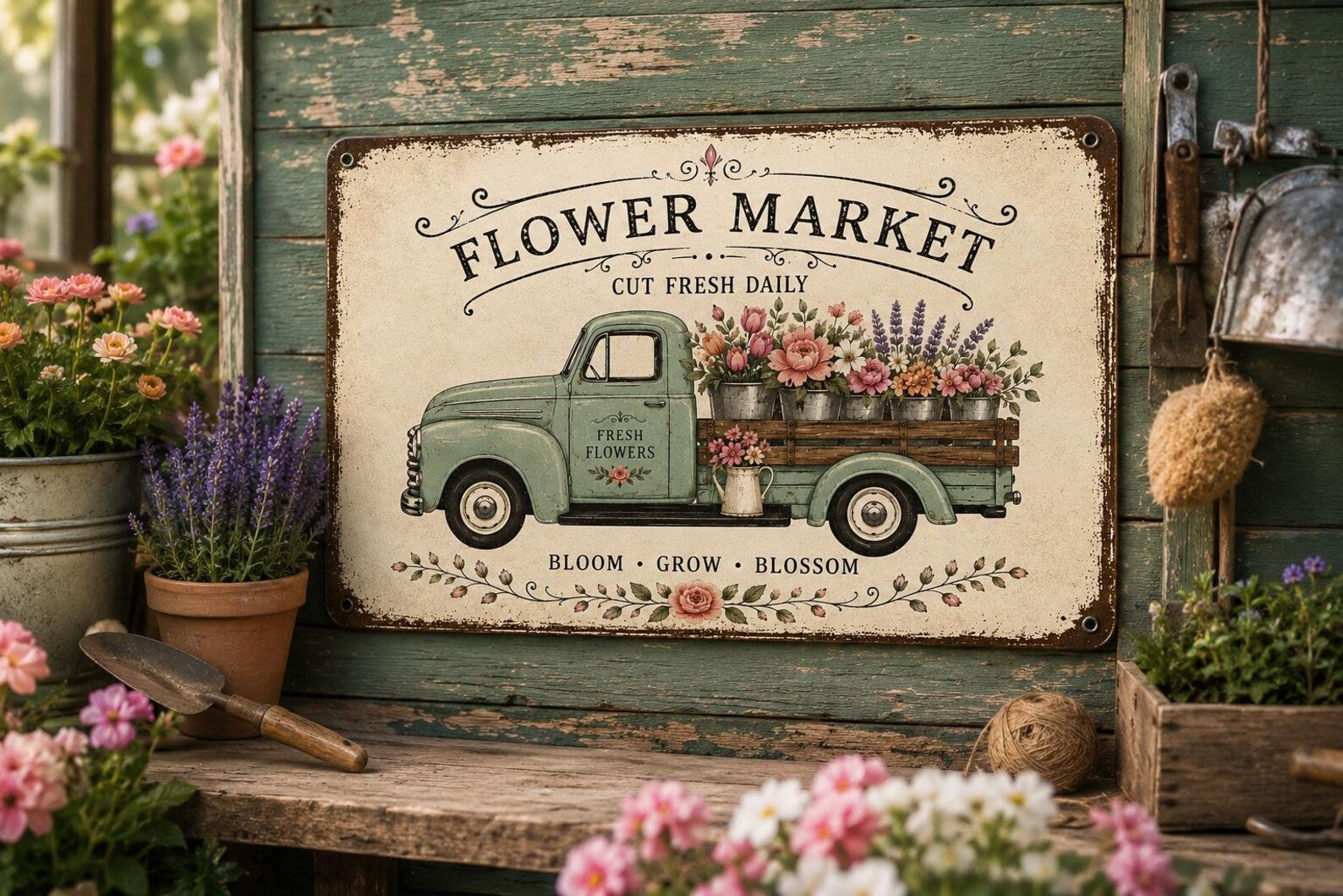 Vintage Flower Market Truck Metal Sign, Floral Farmhouse Wall Decor