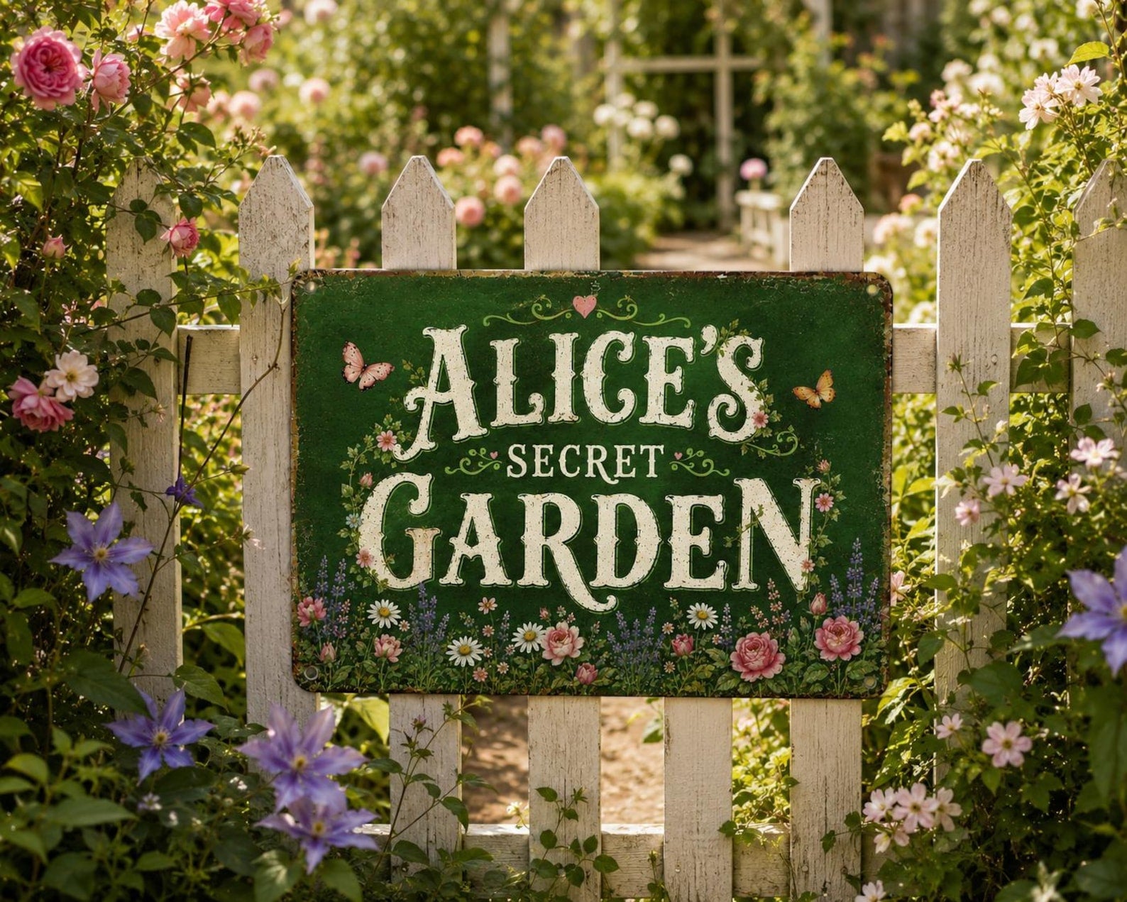 Personalized Secret Garden Metal Sign, Vintage Floral Decor, Custom Name Plaque
