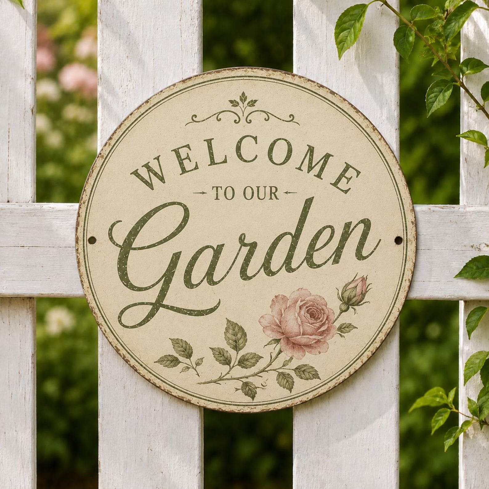 Welcome Garden Metal Sign, Vintage Floral Cottage Decor, Round Outdoor Plaque (8 Inch)