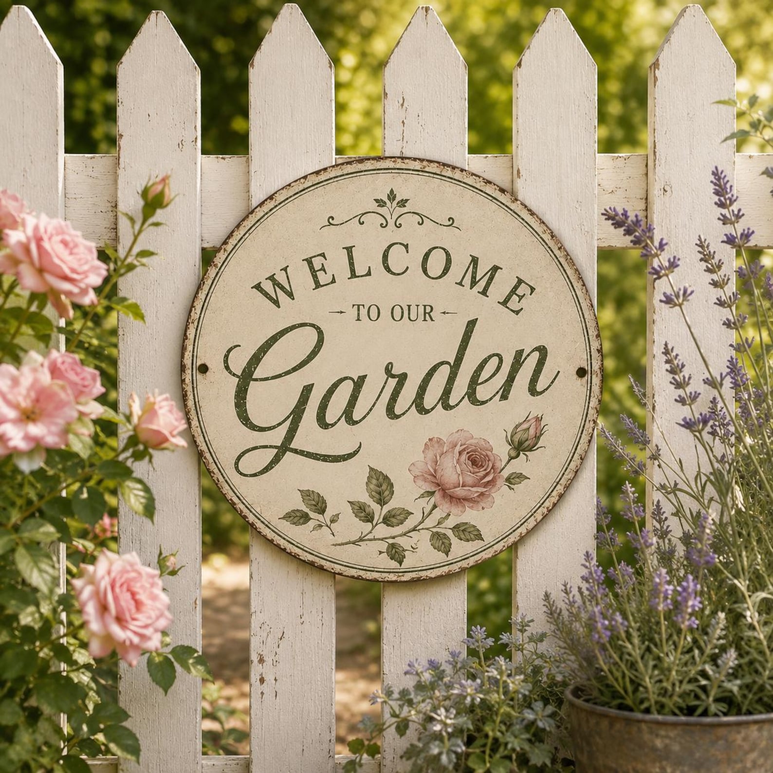 Welcome Garden Metal Sign, Vintage Floral Cottage Decor, Round Outdoor Plaque (8 Inch)