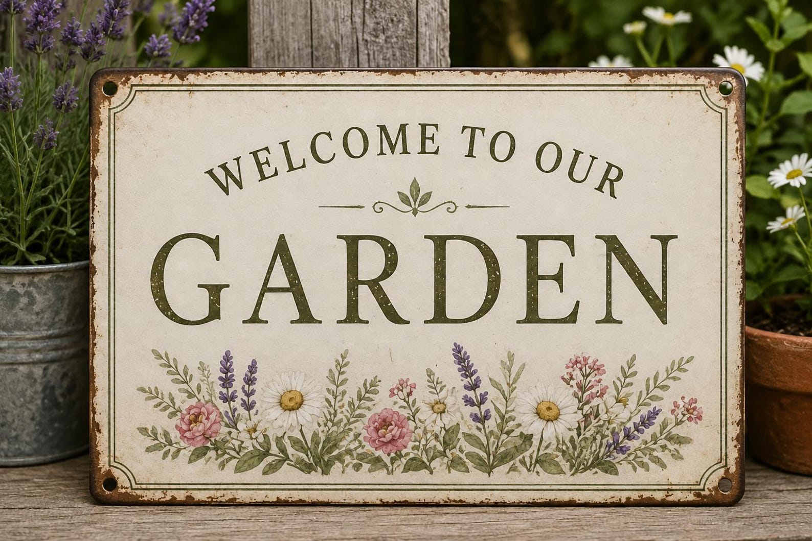 Welcome To Our Garden Metal Sign, Wildflower Floral Yard Decor, Rustic Cottage Plaque