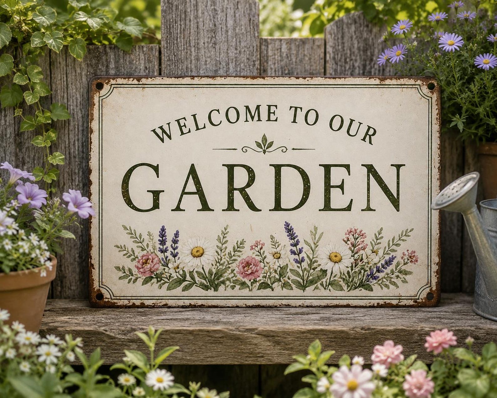 Welcome To Our Garden Metal Sign, Wildflower Floral Yard Decor, Rustic Cottage Plaque