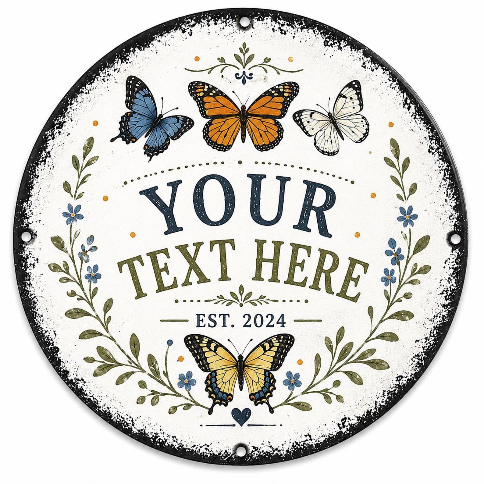 Custom Butterfly Garden Metal Sign, Personalized Round Plaque, Wildflower Yard Art