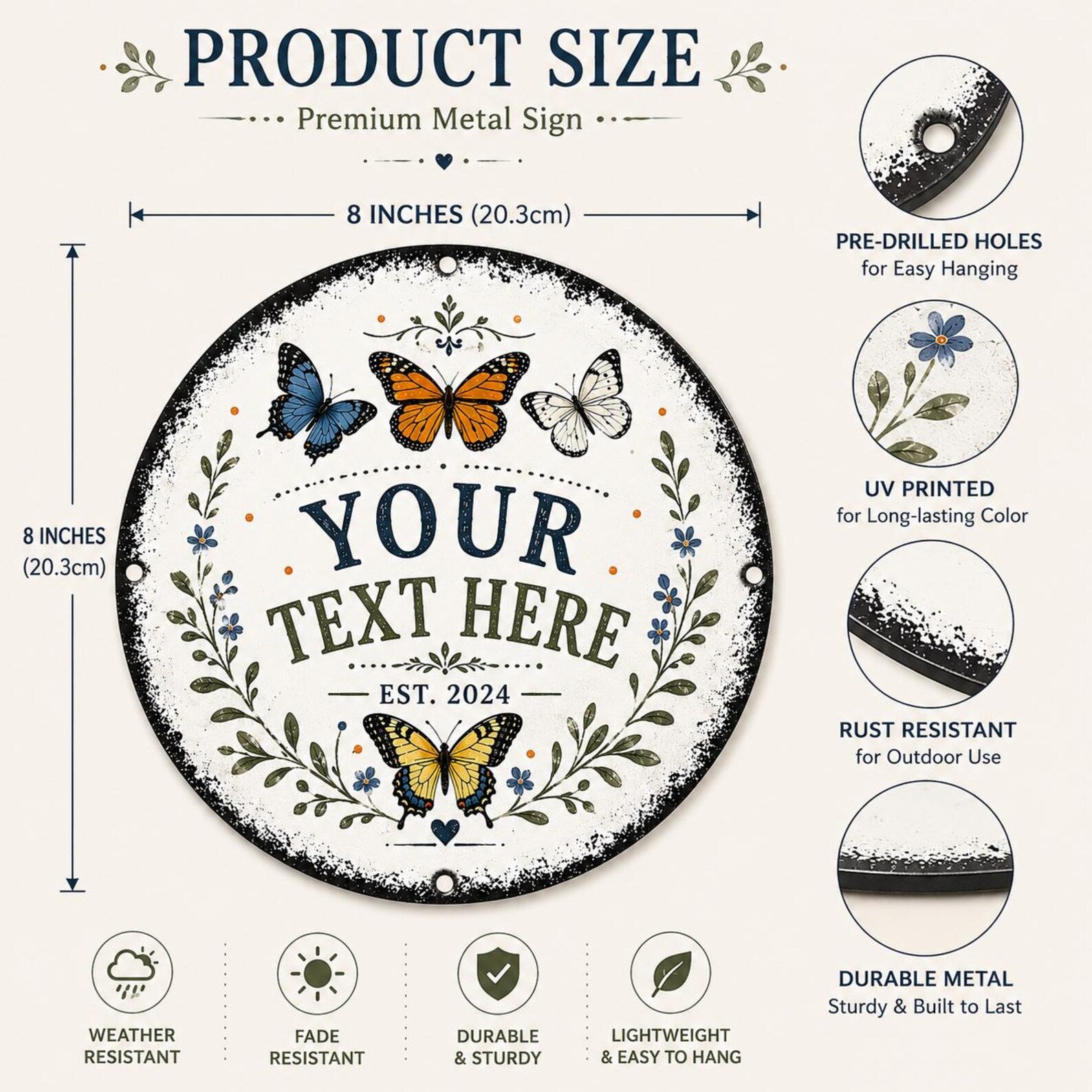 Custom Butterfly Garden Metal Sign, Personalized Round Plaque, Wildflower Yard Art
