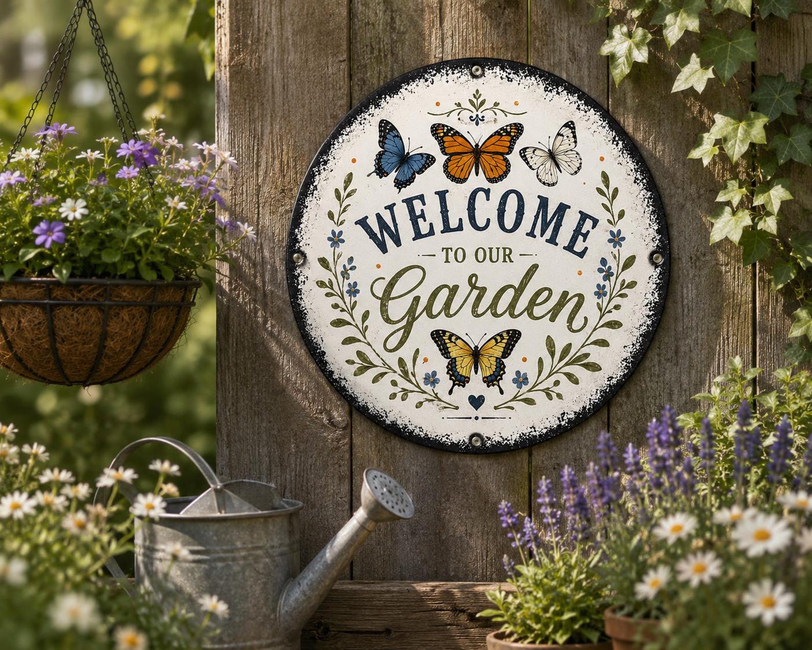 Custom Butterfly Garden Metal Sign, Personalized Round Plaque, Wildflower Yard Art