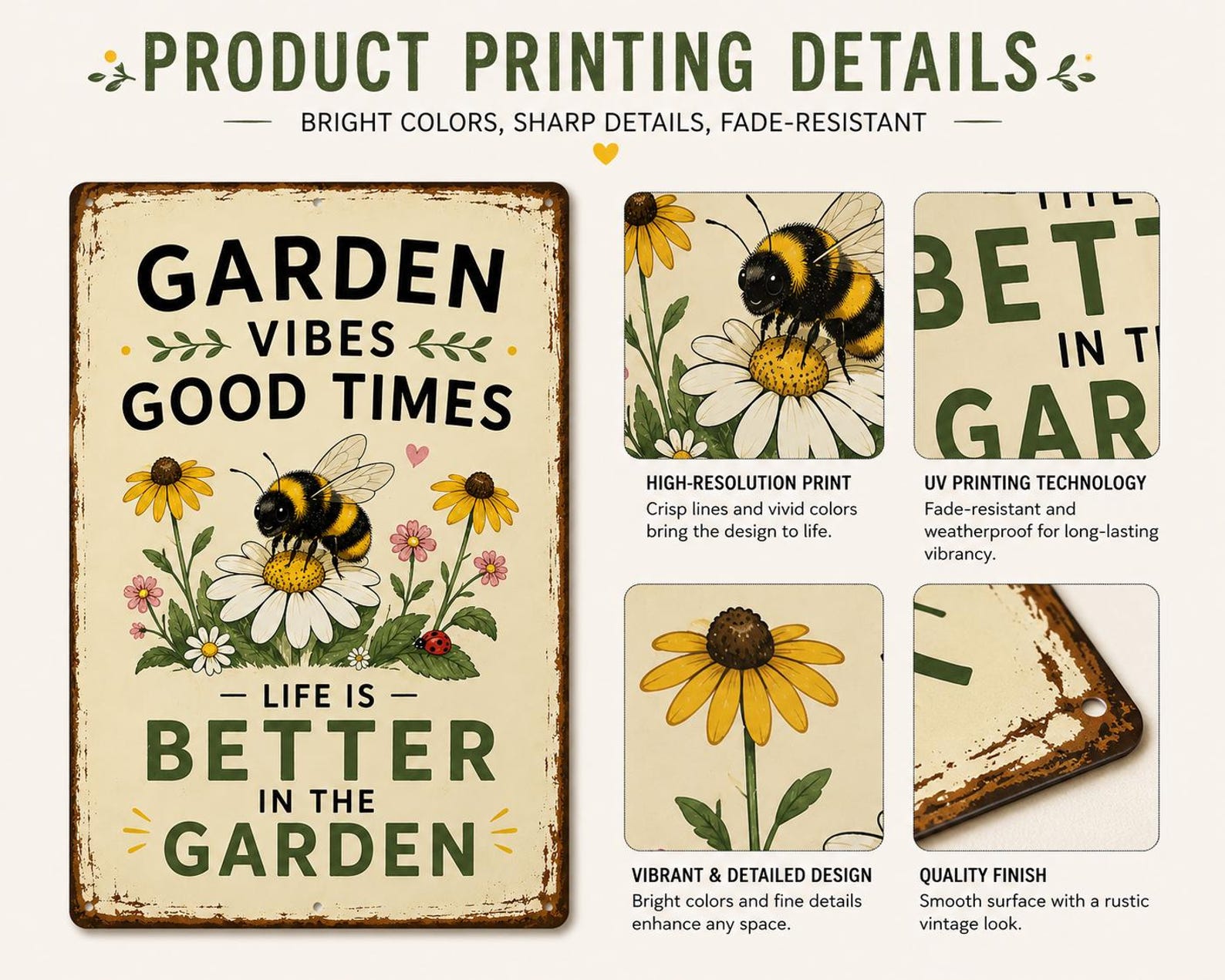Bee Garden Metal Sign, Bumble Bee Wildflower Decor, Pollinator Patio Plaque