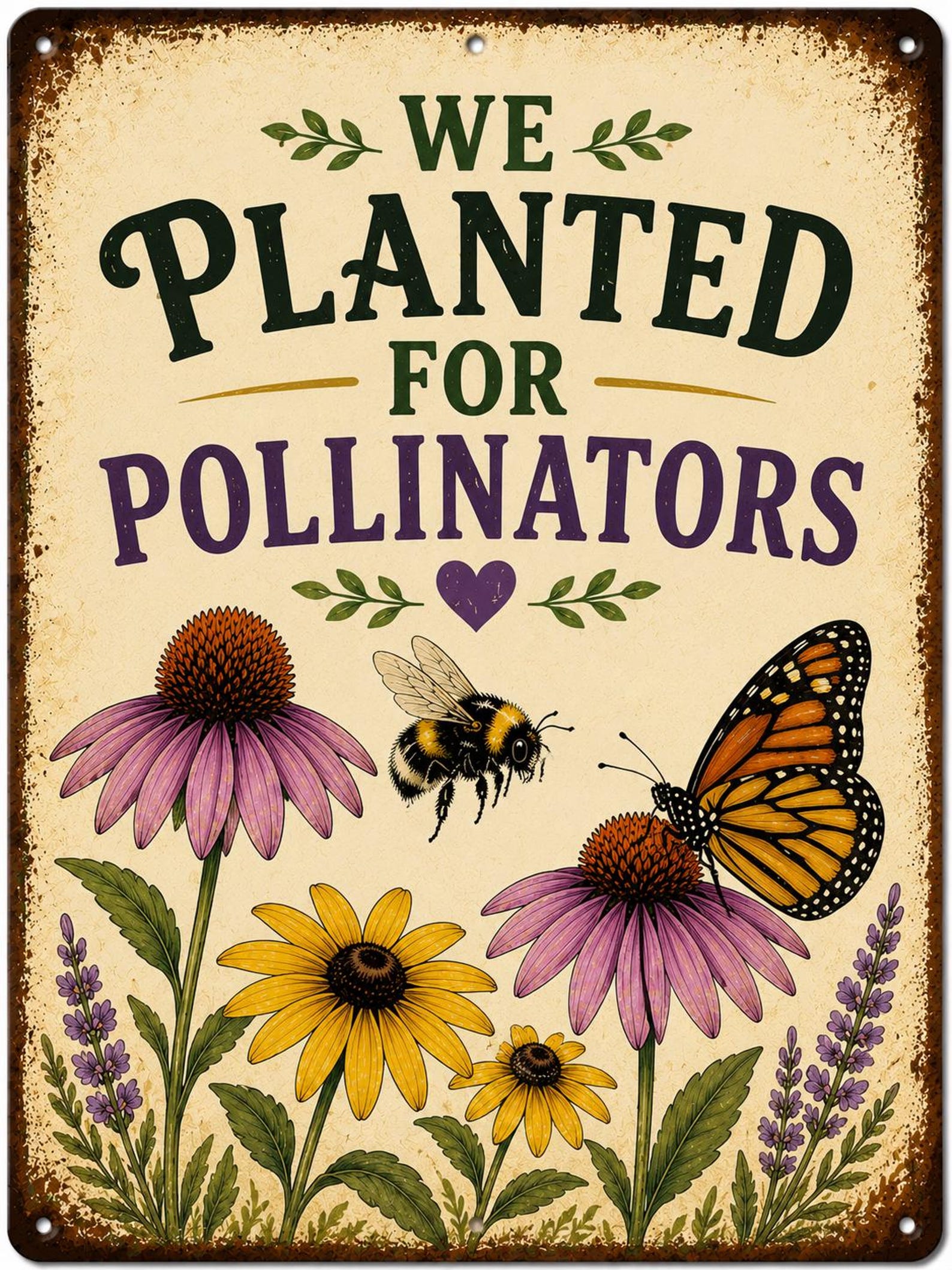 Pollinator Garden Metal Sign, Bee Butterfly Wildlife Habitat Plaque